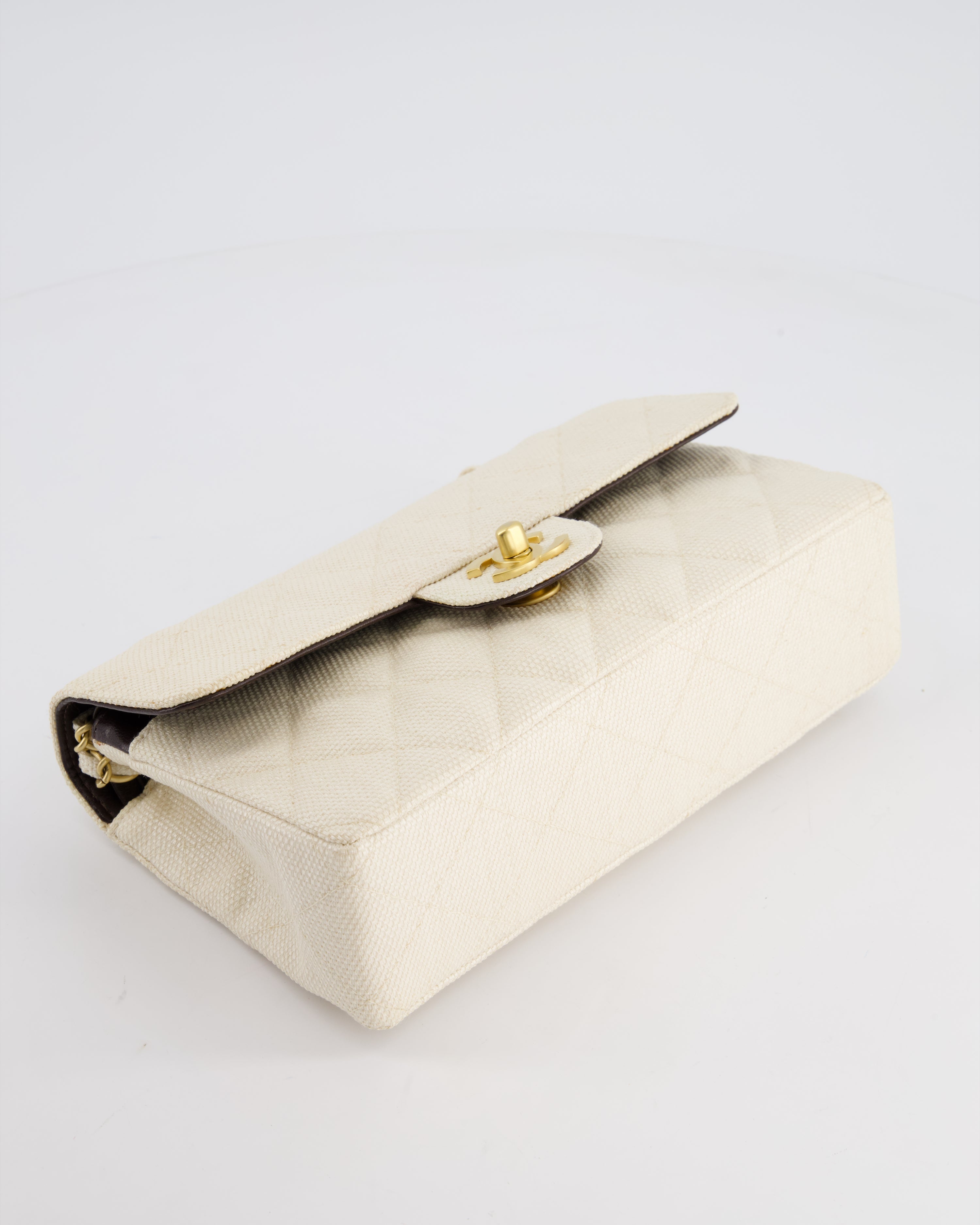Chanel Vintage Beige Raffia Small Classic Double Flap Bag with Chocolate Brown Lambskin Interior and Brushed Gold Hardware