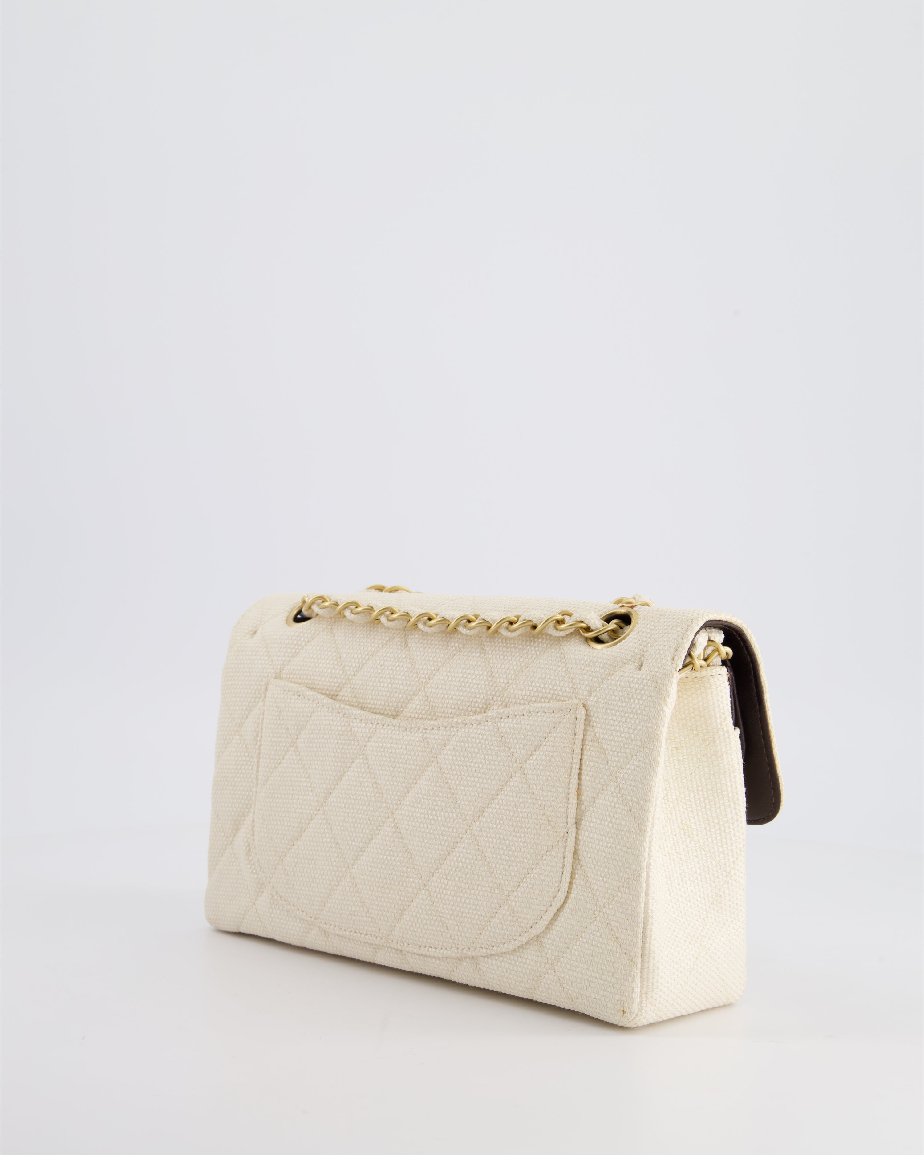 Chanel Vintage Beige Raffia Small Classic Double Flap Bag with Chocolate Brown Lambskin Interior and Brushed Gold Hardware