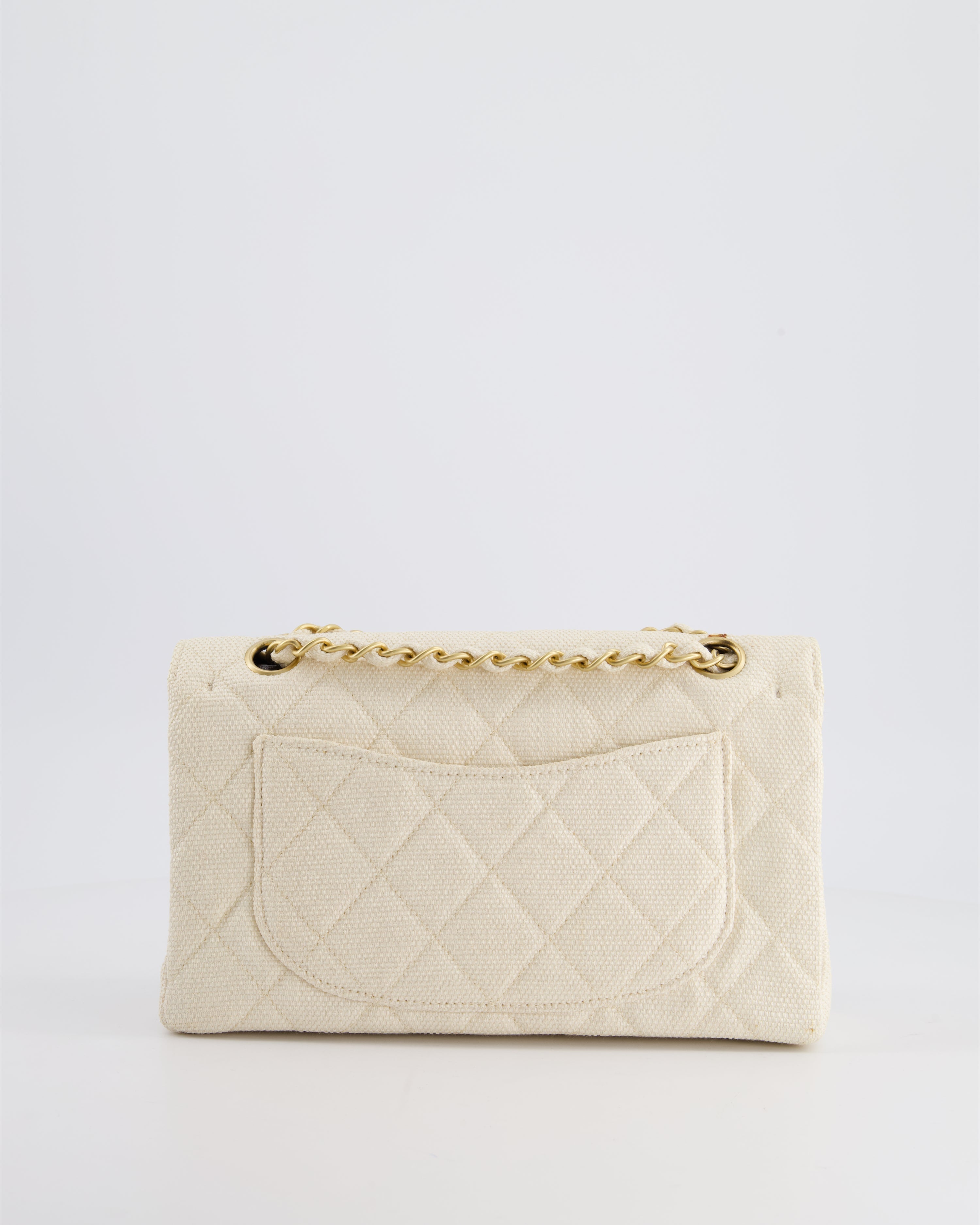 Chanel Vintage Beige Raffia Small Classic Double Flap Bag with Chocolate Brown Lambskin Interior and Brushed Gold Hardware