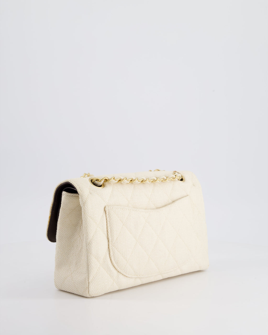 Chanel Vintage Beige Raffia Small Classic Double Flap Bag with Chocolate Brown Lambskin Interior and Brushed Gold Hardware
