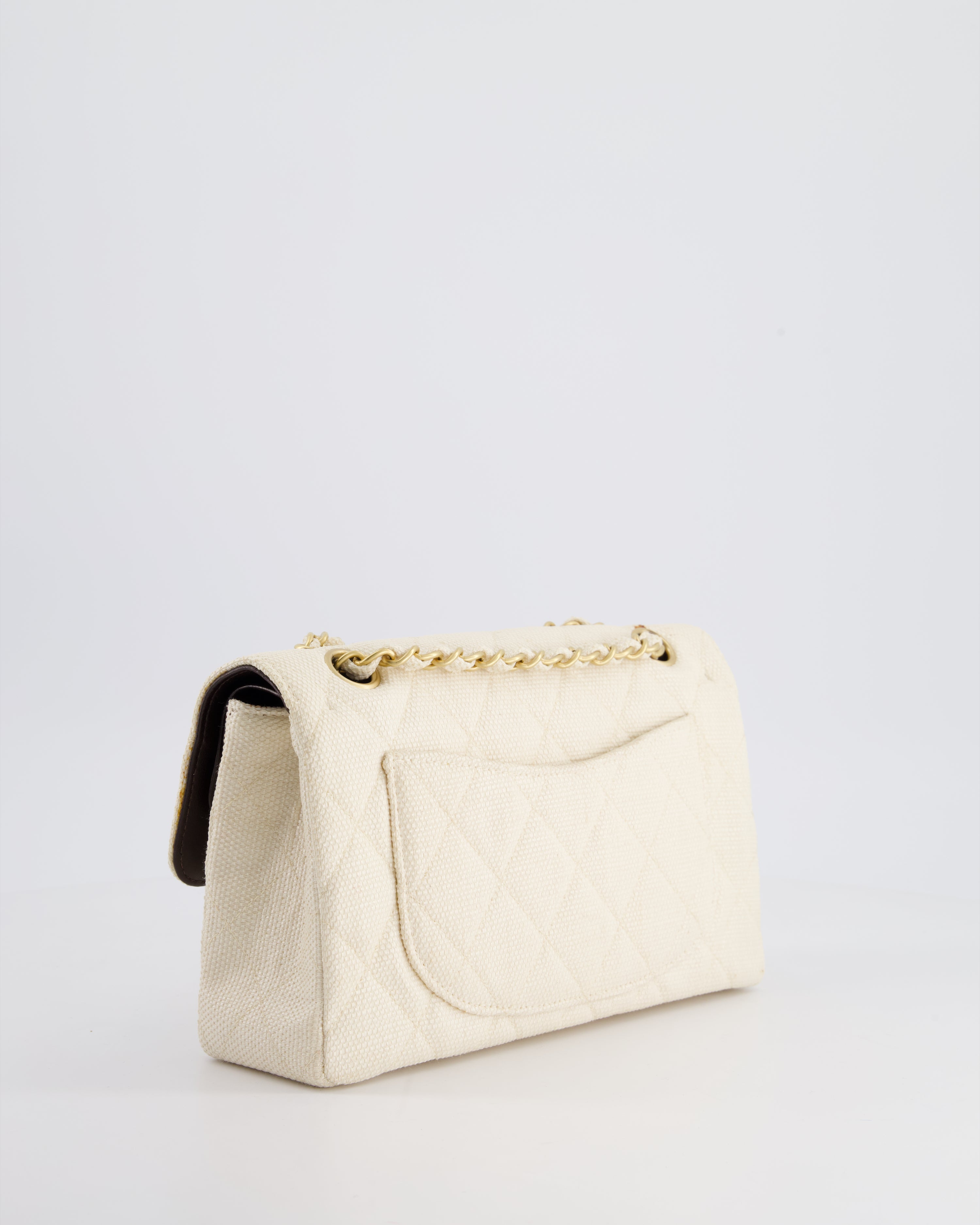 Chanel Vintage Beige Raffia Small Classic Double Flap Bag with Chocolate Brown Lambskin Interior and Brushed Gold Hardware