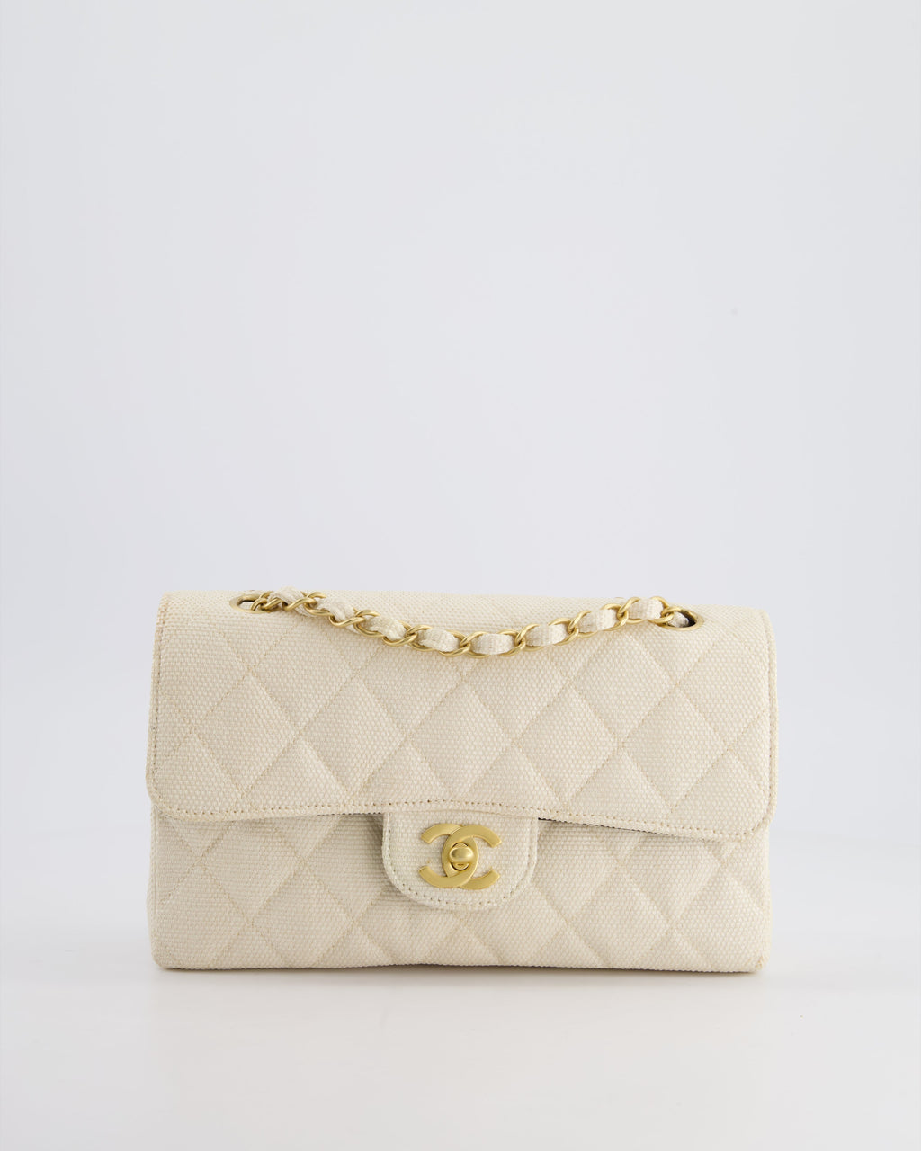 Chanel Vintage Beige Raffia Small Classic Double Flap Bag with Chocolate Brown Lambskin Interior and Brushed Gold Hardware