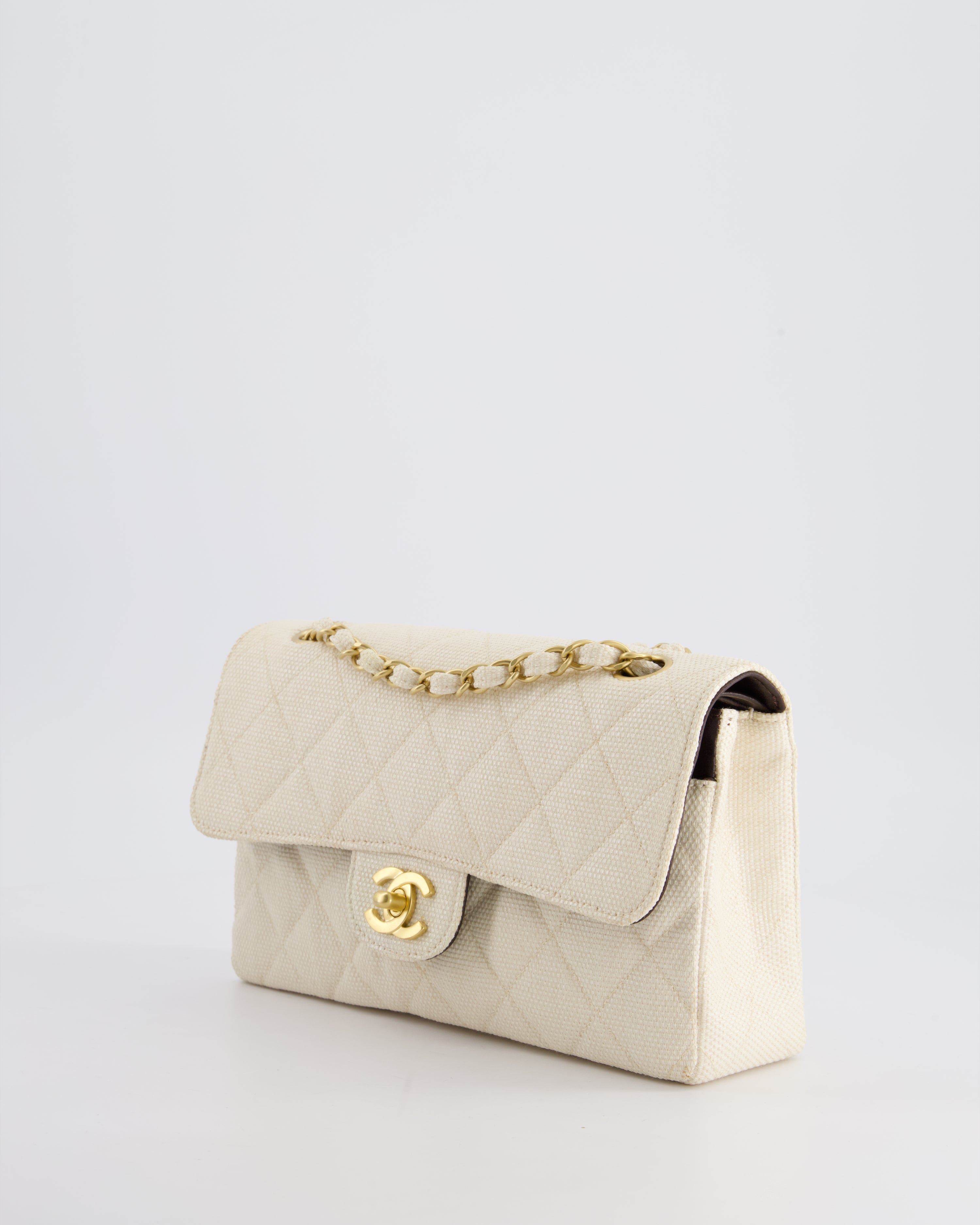 Chanel Vintage Beige Raffia Small Classic Double Flap Bag with Chocolate Brown Lambskin Interior and Brushed Gold Hardware