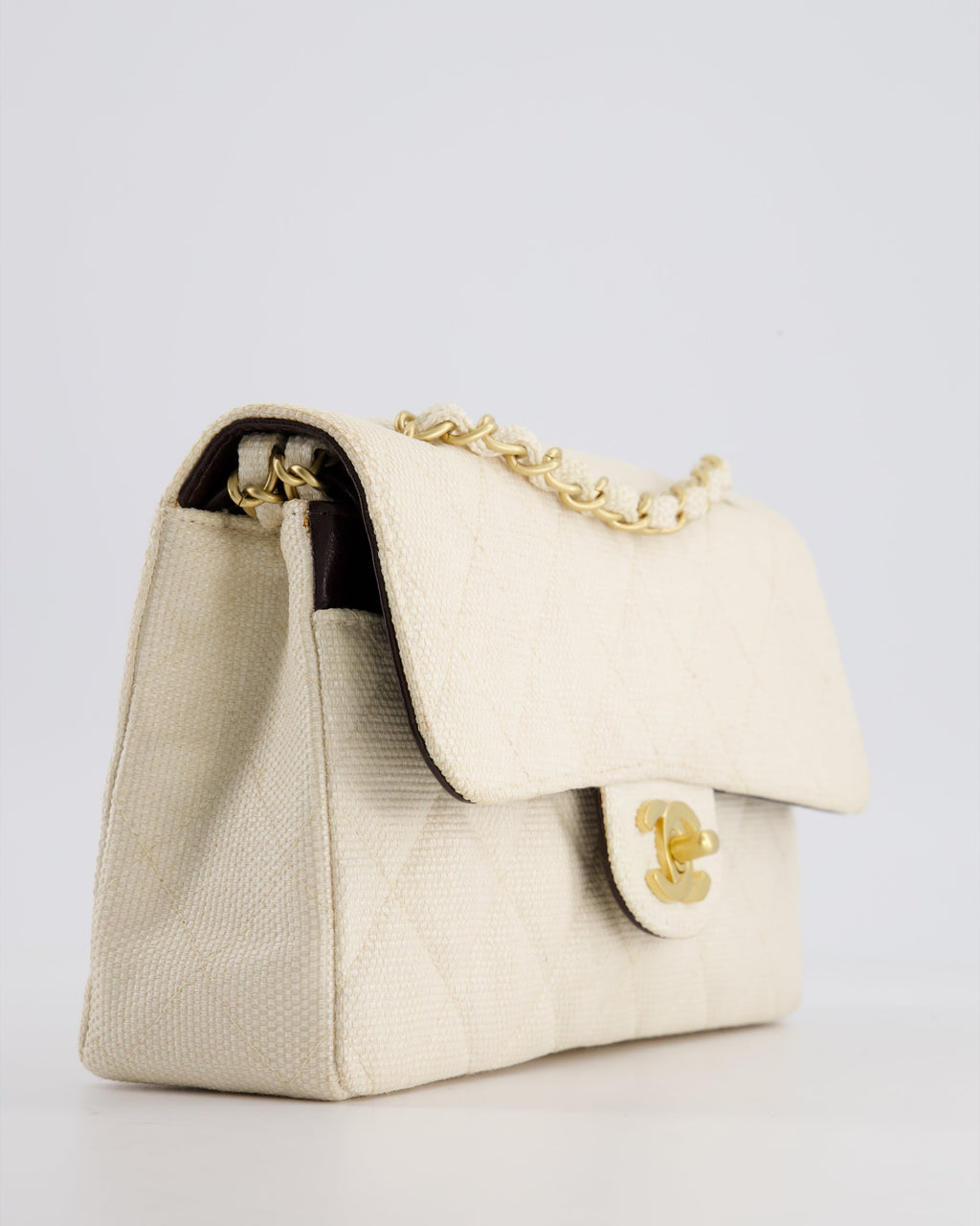 Chanel Vintage Beige Raffia Small Classic Double Flap Bag with Chocolate Brown Lambskin Interior and Brushed Gold Hardware