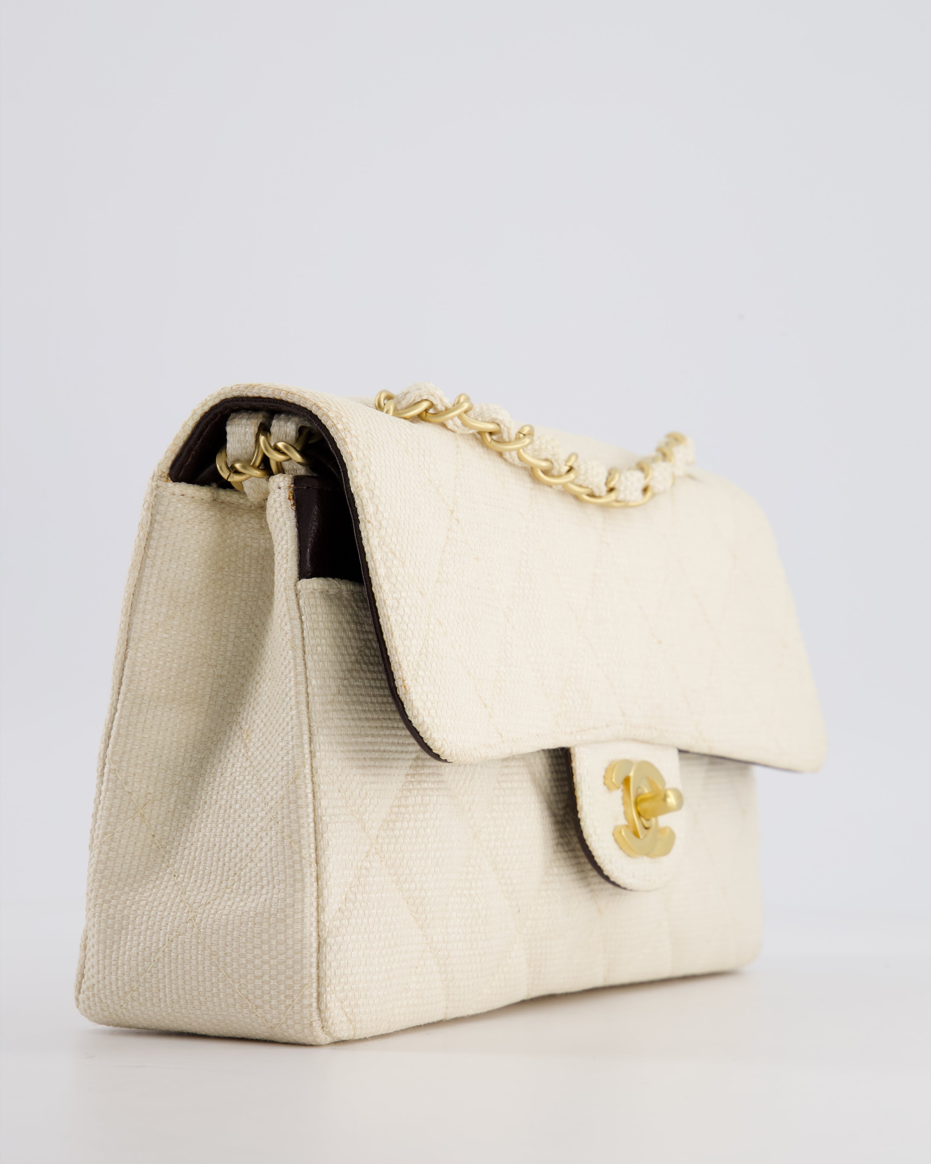 Chanel Vintage Beige Raffia Small Classic Double Flap Bag with Chocolate Brown Lambskin Interior and Brushed Gold Hardware