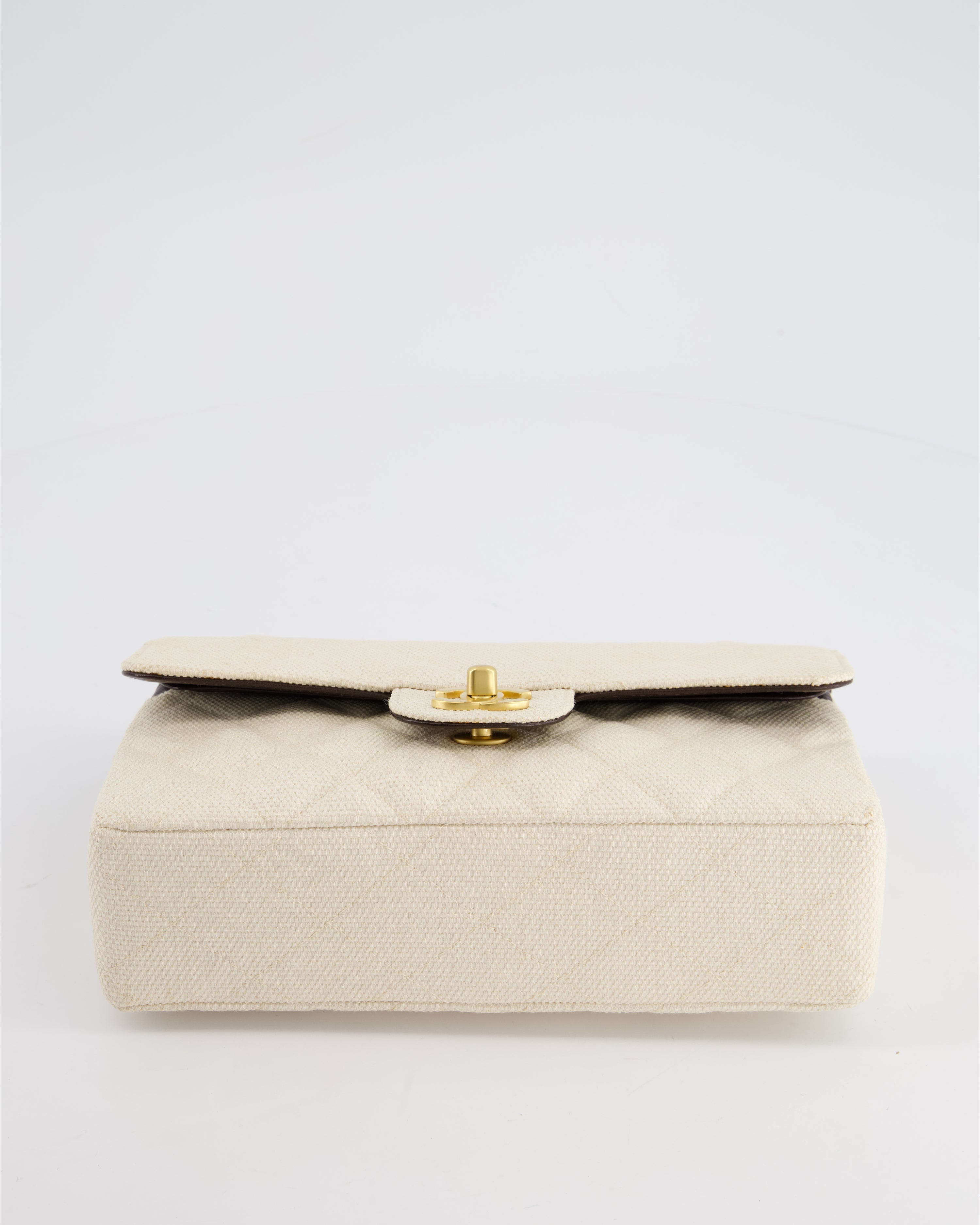 Chanel Vintage Beige Raffia Small Classic Double Flap Bag with Chocolate Brown Lambskin Interior and Brushed Gold Hardware