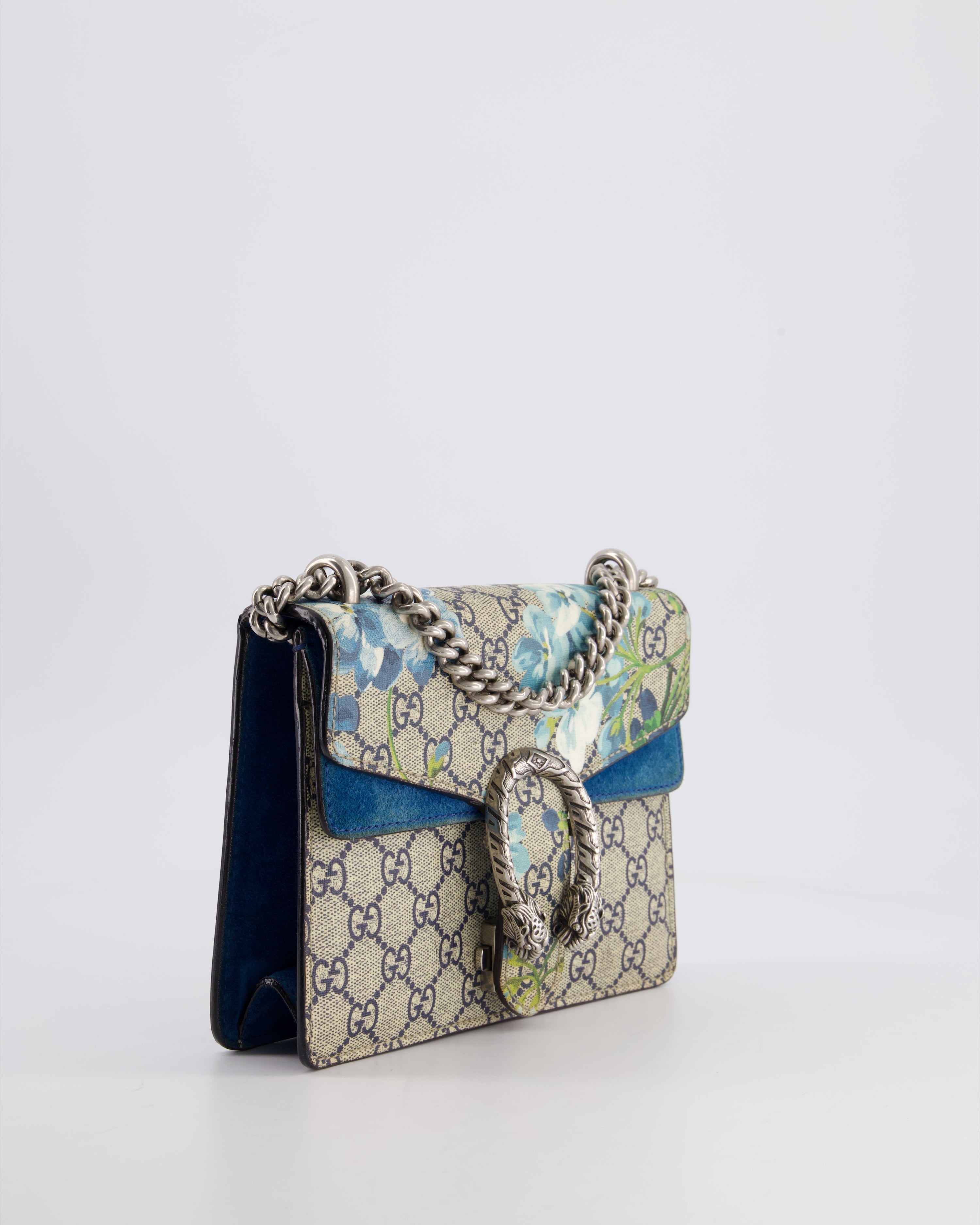 Gucci Brown and Blue Floral Canvas Mini Supreme Dionysus Crossbody Bag With Ruthenium Hardware