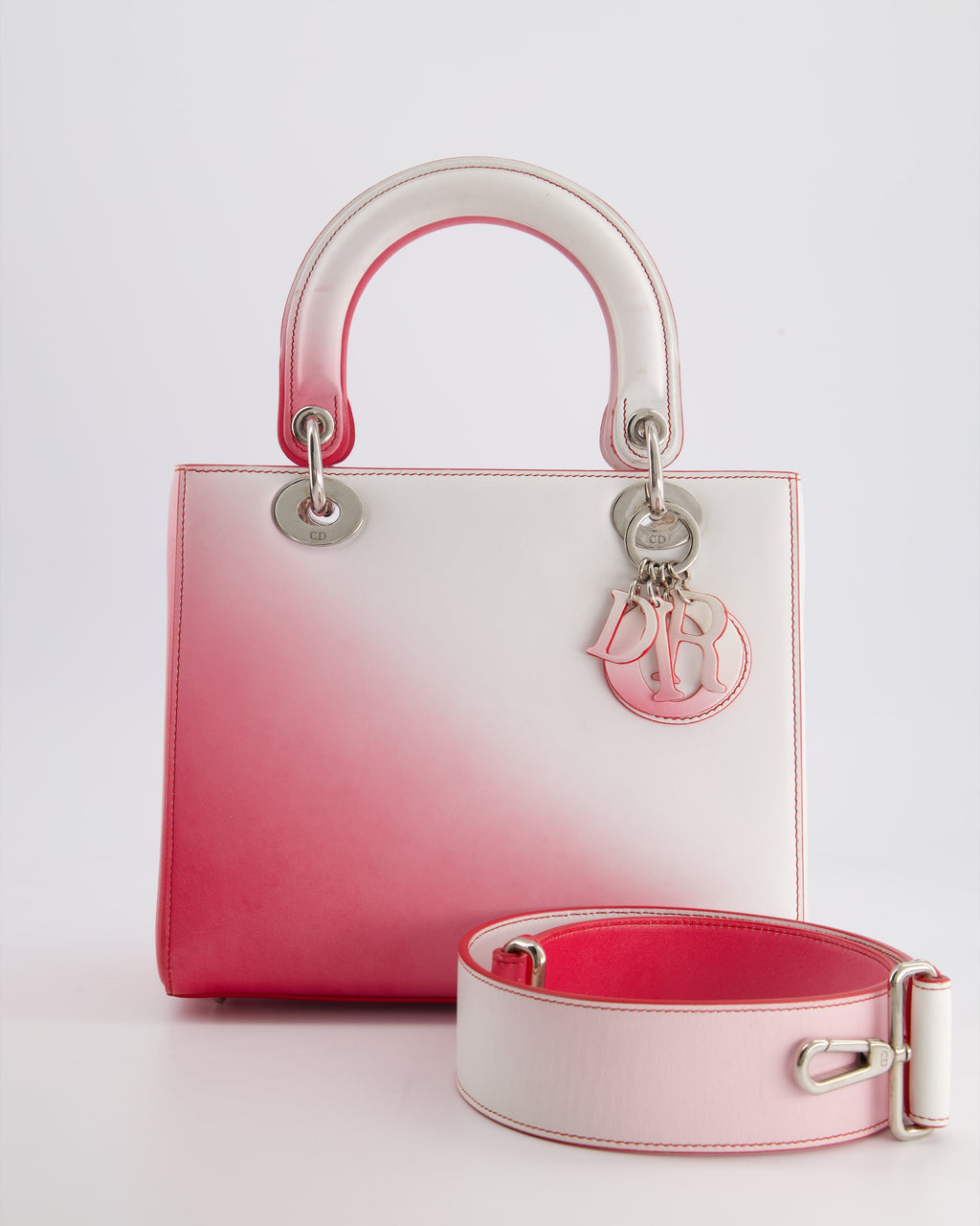 Christian Dior White and Pink Ombre Medium Lady Dior Bag in Lambskin Leather with Silver Hardware