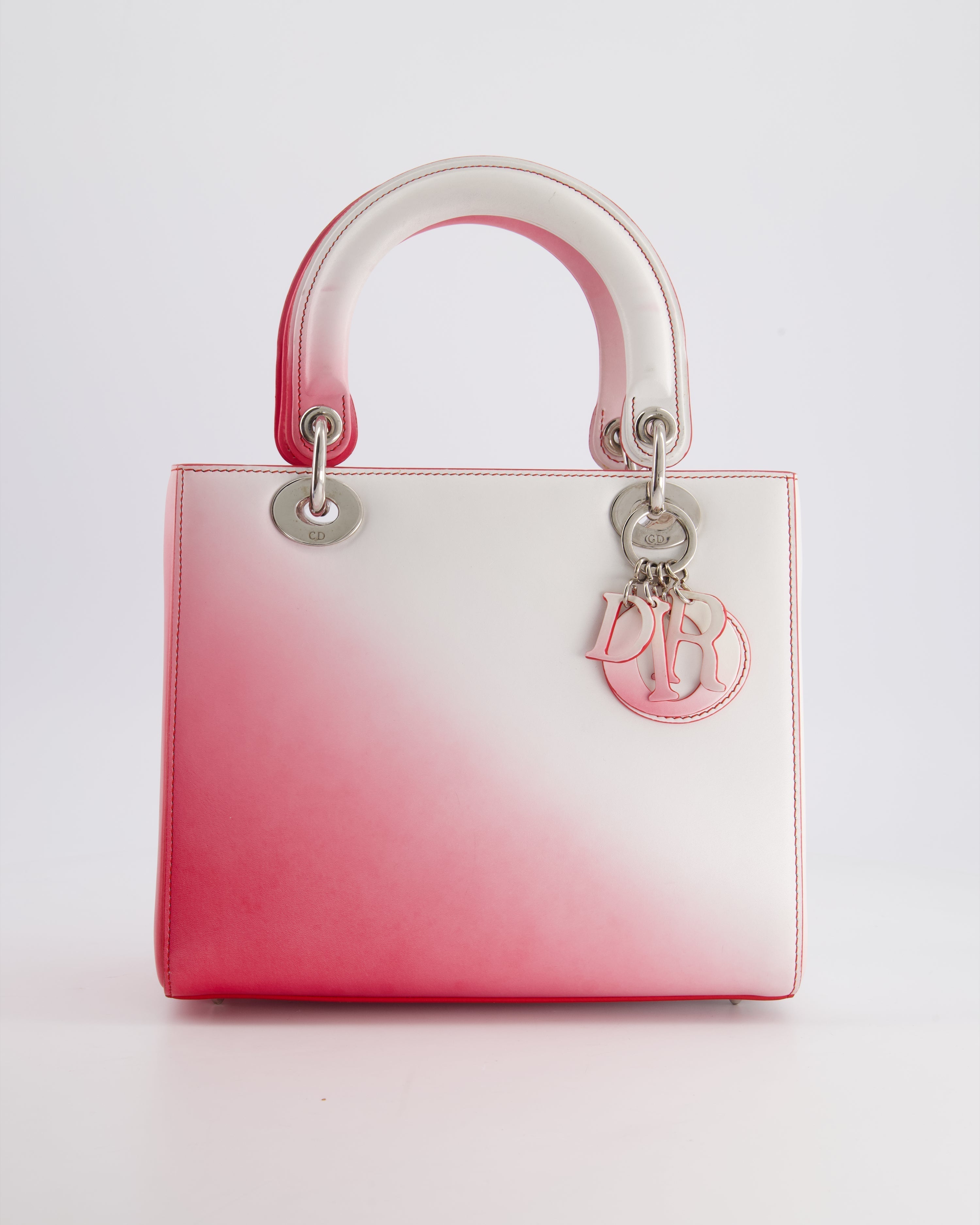 Christian Dior White and Pink Ombre Medium Lady Dior Bag in Lambskin Leather with Silver Hardware