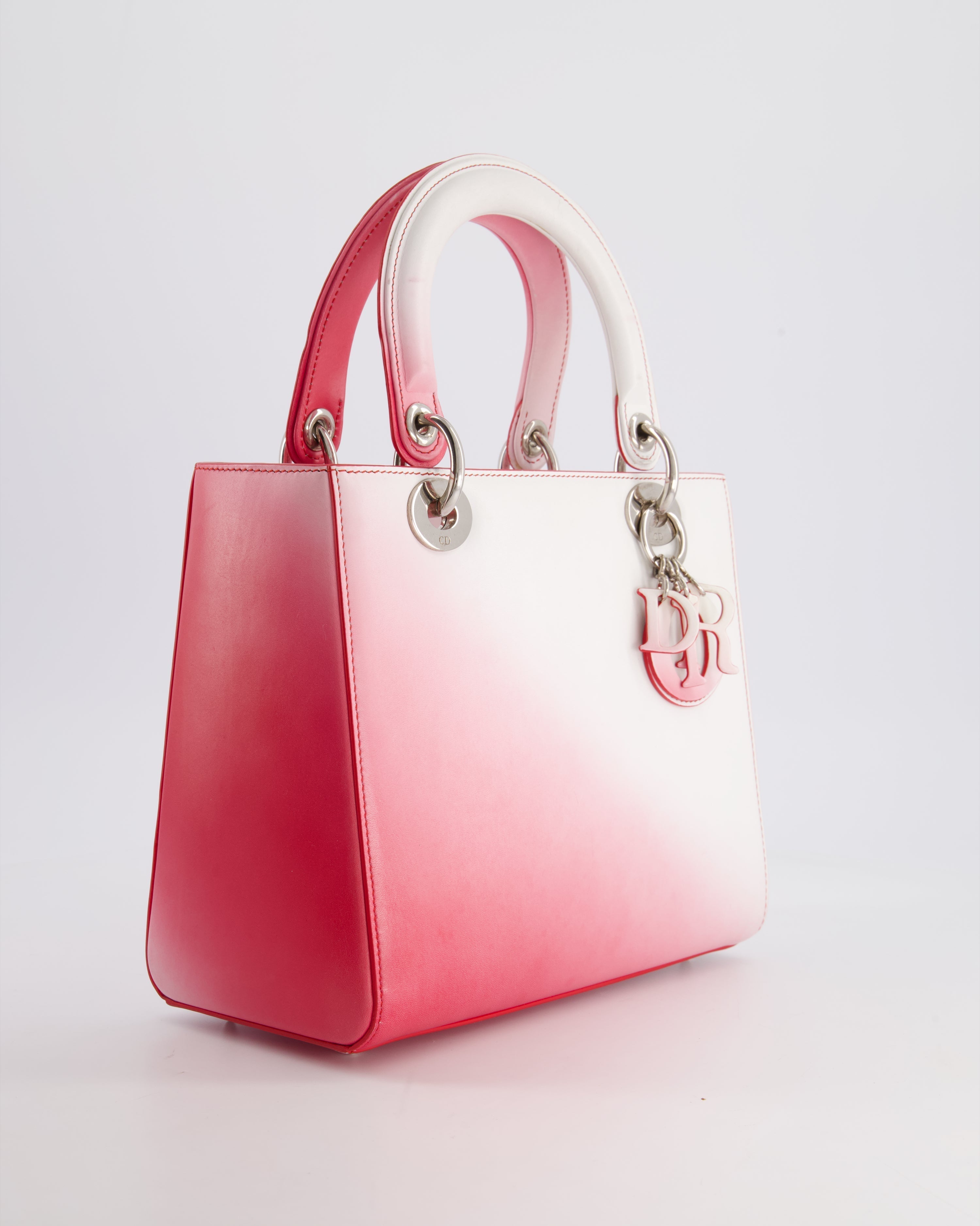 Christian Dior White and Pink Ombre Medium Lady Dior Bag in Lambskin Leather with Silver Hardware