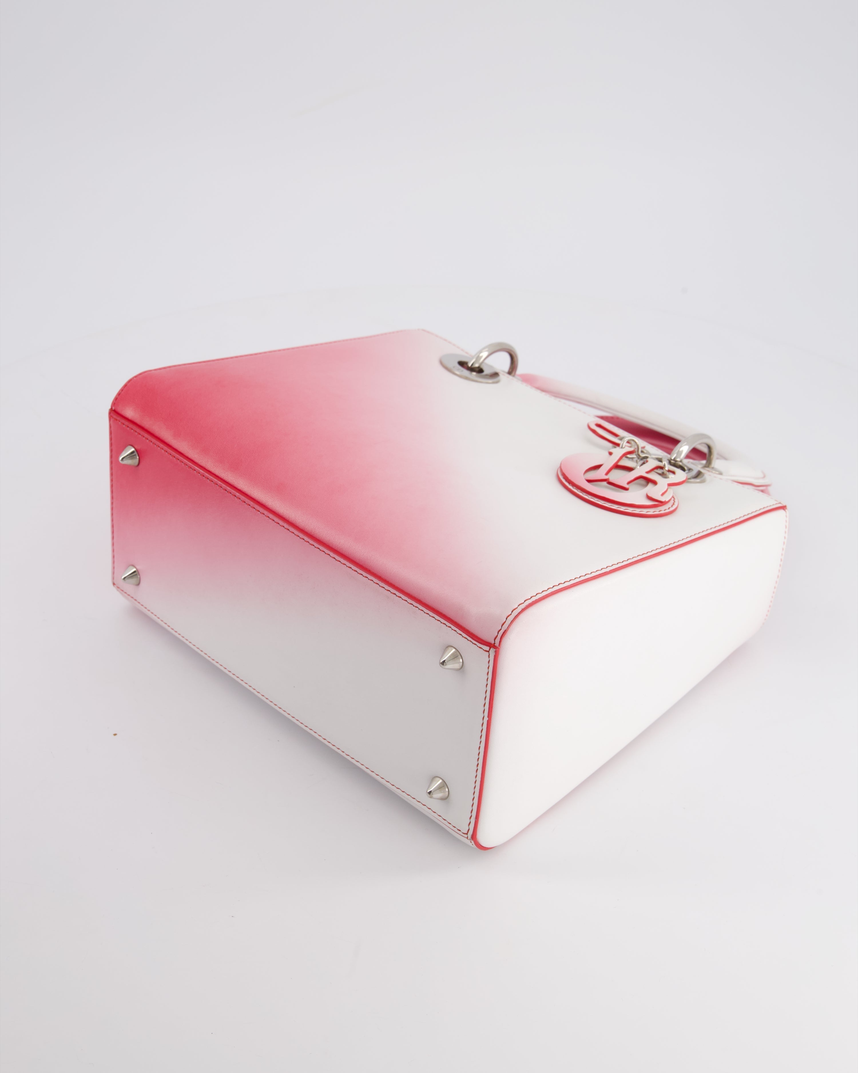 Christian Dior White and Pink Ombre Medium Lady Dior Bag in Lambskin Leather with Silver Hardware