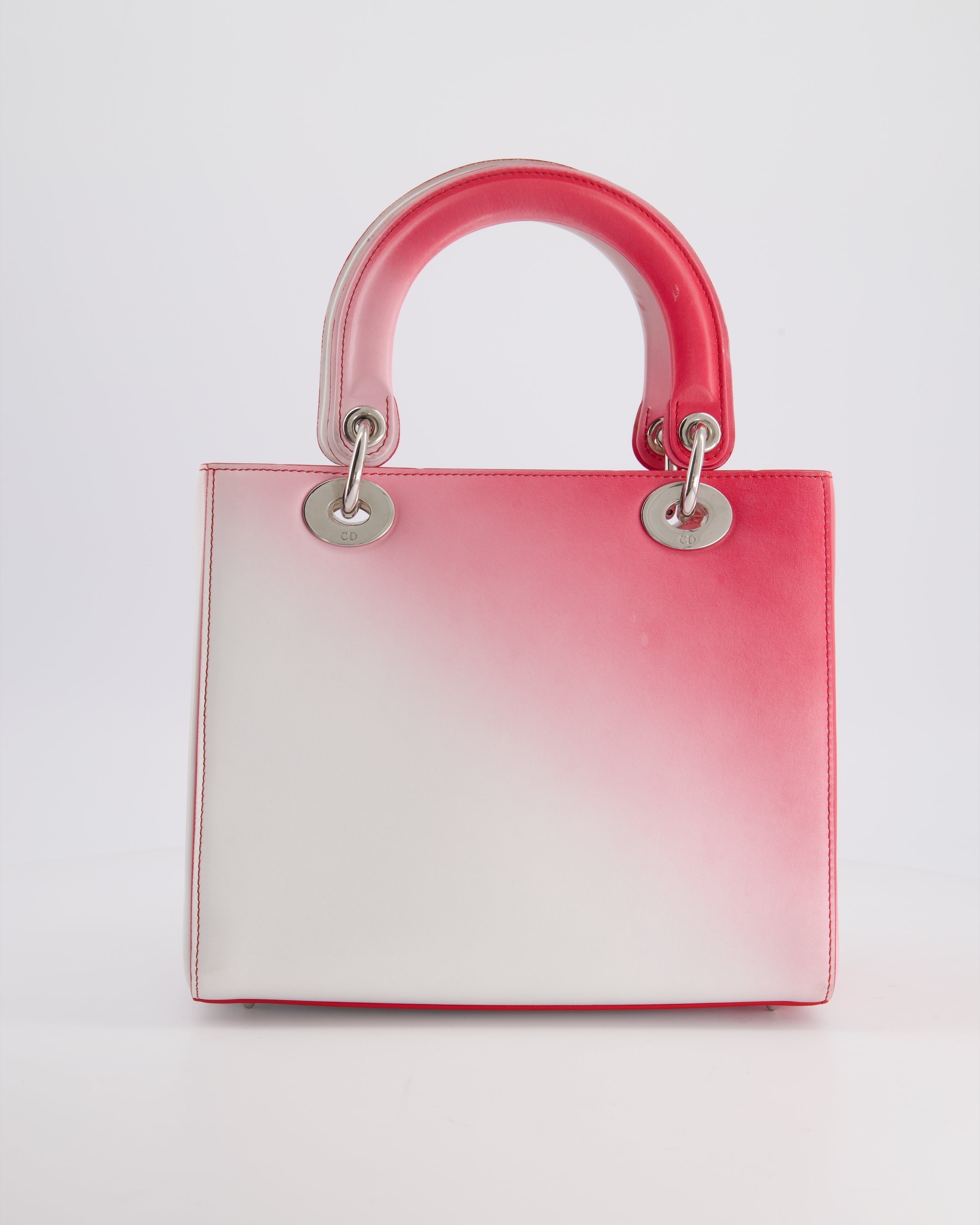 Christian Dior White and Pink Ombre Medium Lady Dior Bag in Lambskin Leather with Silver Hardware