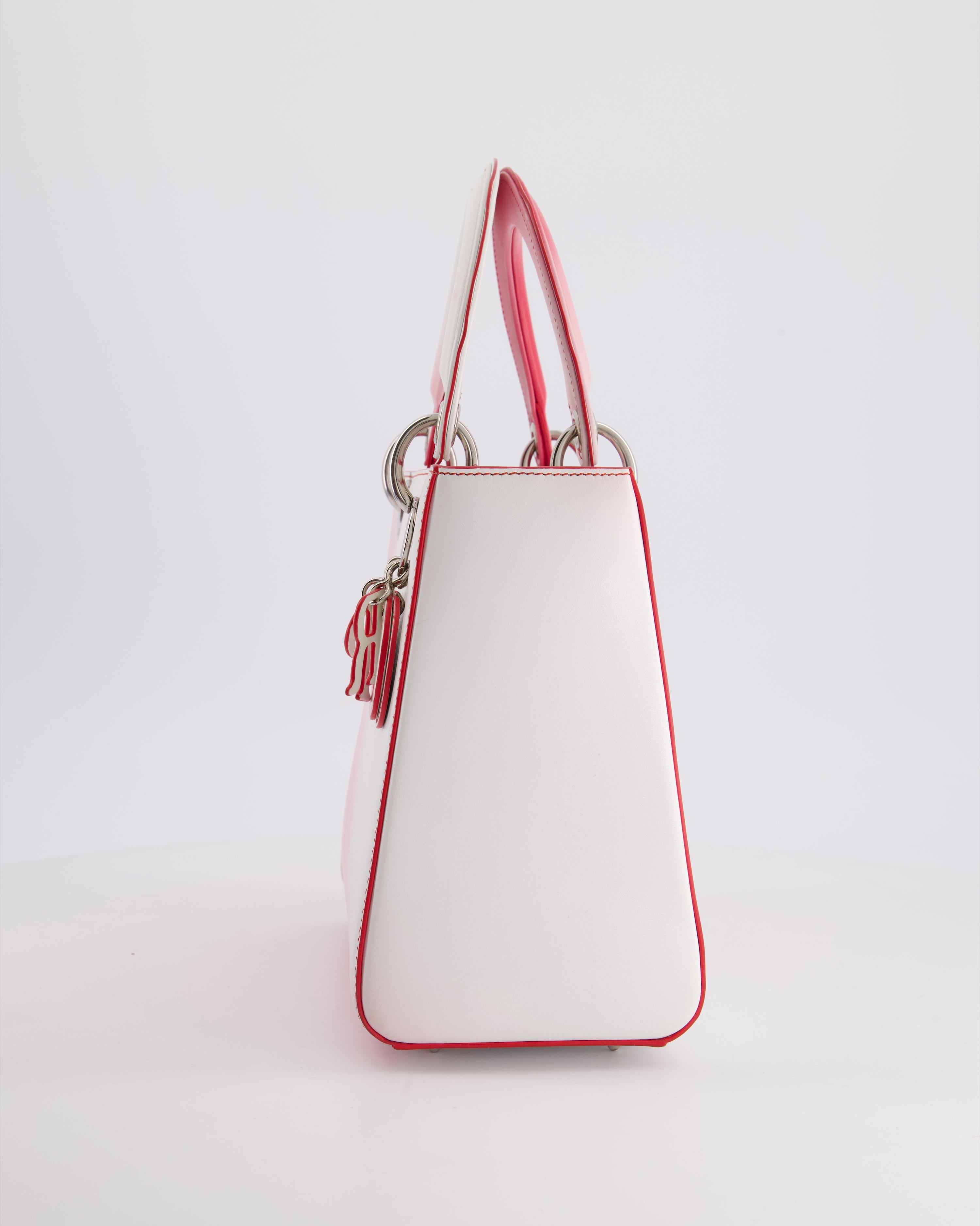 Christian Dior White and Pink Ombre Medium Lady Dior Bag in Lambskin Leather with Silver Hardware