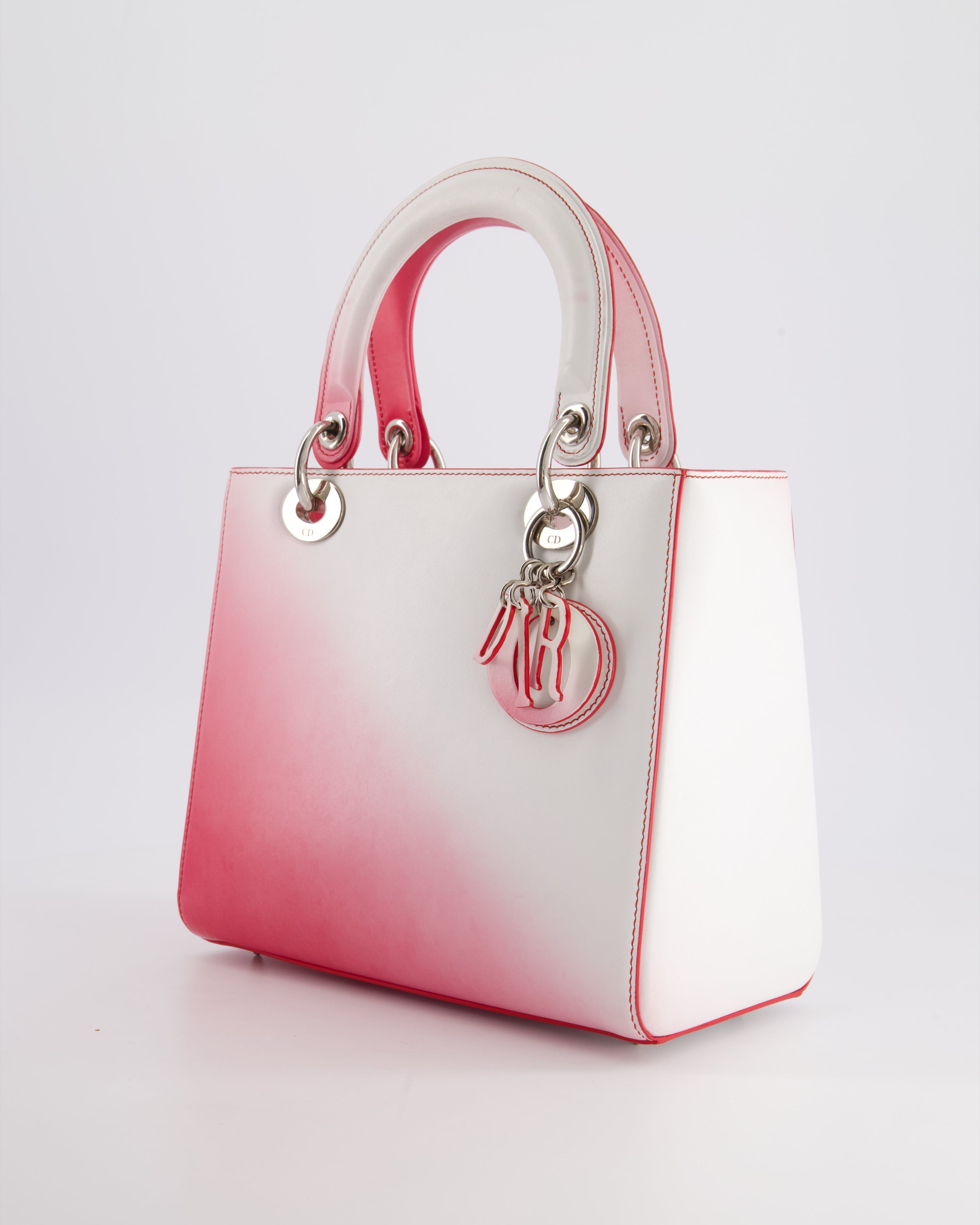 Christian Dior White and Pink Ombre Medium Lady Dior Bag in Lambskin Leather with Silver Hardware
