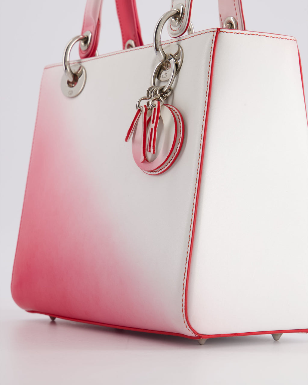 Christian Dior White and Pink Ombre Medium Lady Dior Bag in Lambskin Leather with Silver Hardware