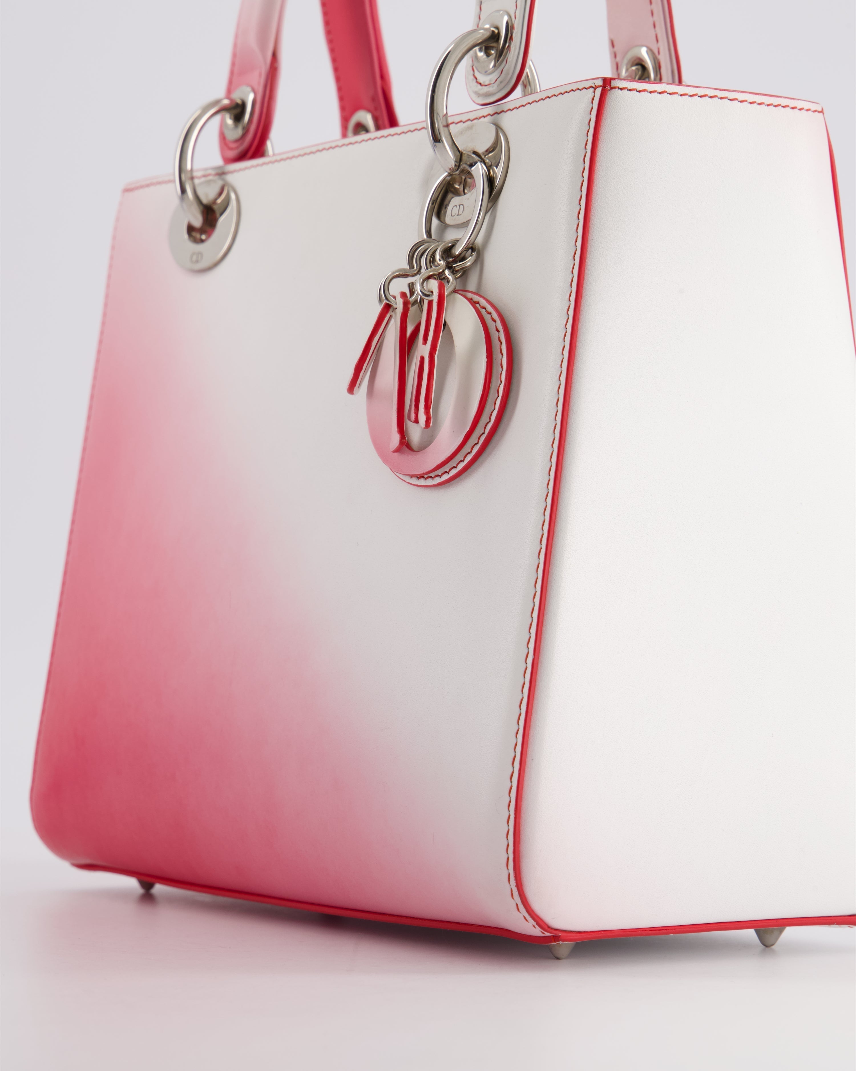 Christian Dior White and Pink Ombre Medium Lady Dior Bag in Lambskin Leather with Silver Hardware