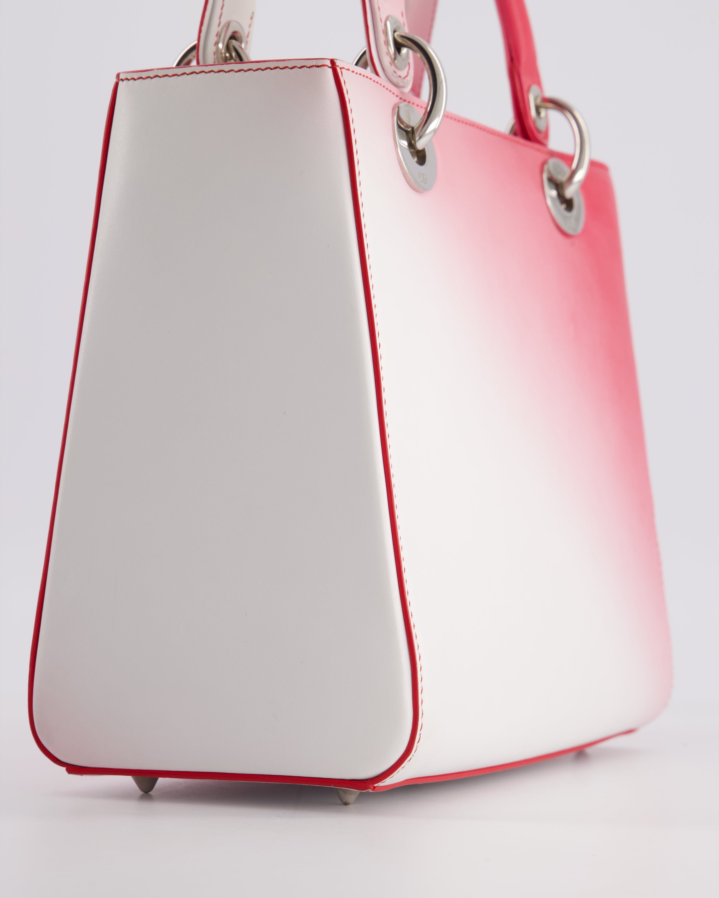 Christian Dior White and Pink Ombre Medium Lady Dior Bag in Lambskin Leather with Silver Hardware