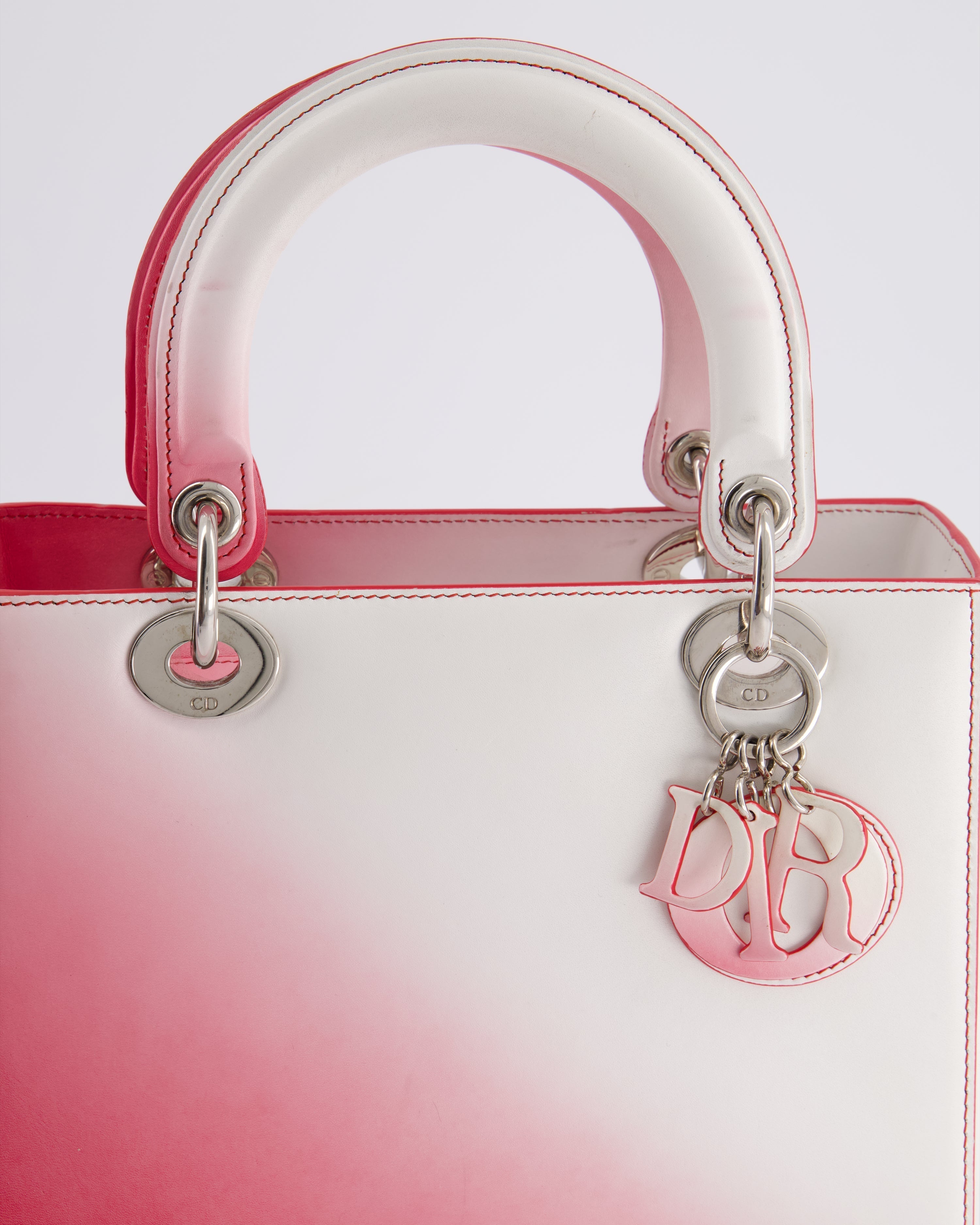Christian Dior White and Pink Ombre Medium Lady Dior Bag in Lambskin Leather with Silver Hardware