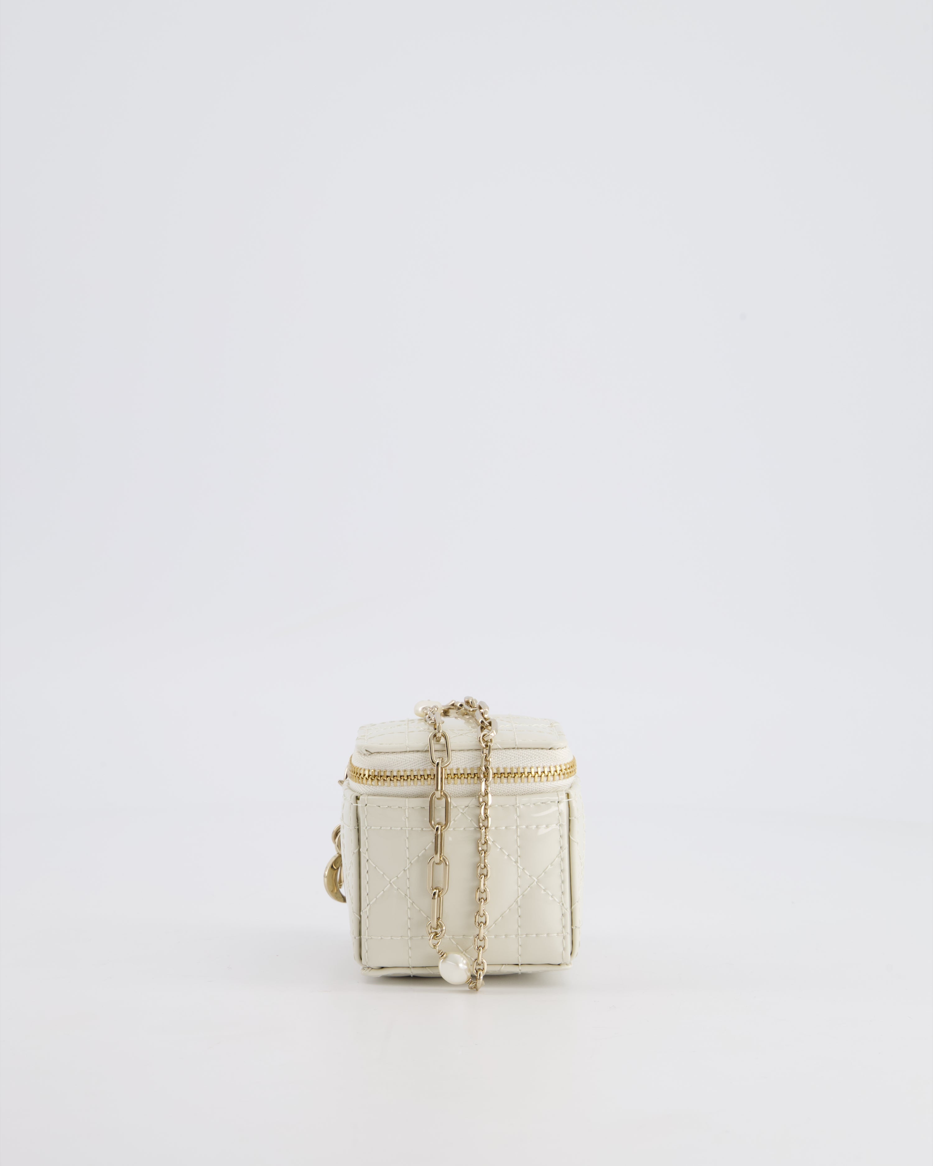 Christian Dior White Micro Cube Patent Leather Pouch with Champagne Gold and Pearl Chain Hardware