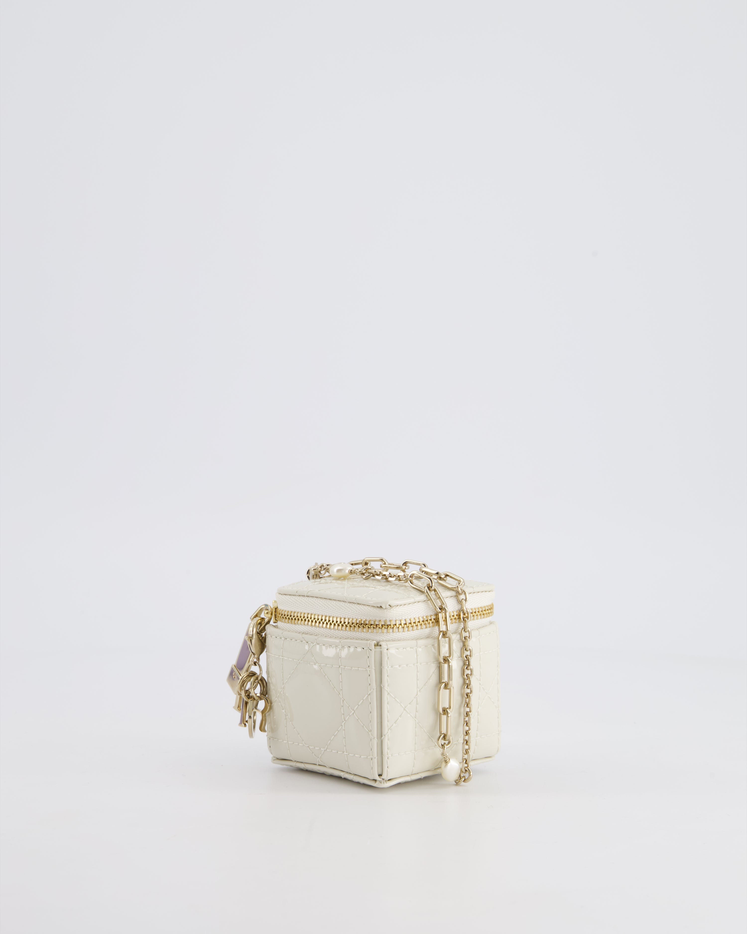 Christian Dior White Micro Cube Patent Leather Pouch with Champagne Gold and Pearl Chain Hardware