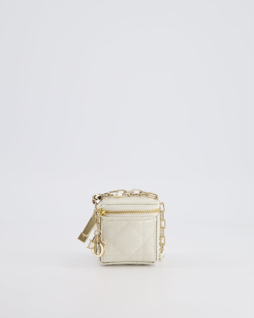 Christian Dior White Micro Cube Patent Leather Pouch with Champagne Gold and Pearl Chain Hardware