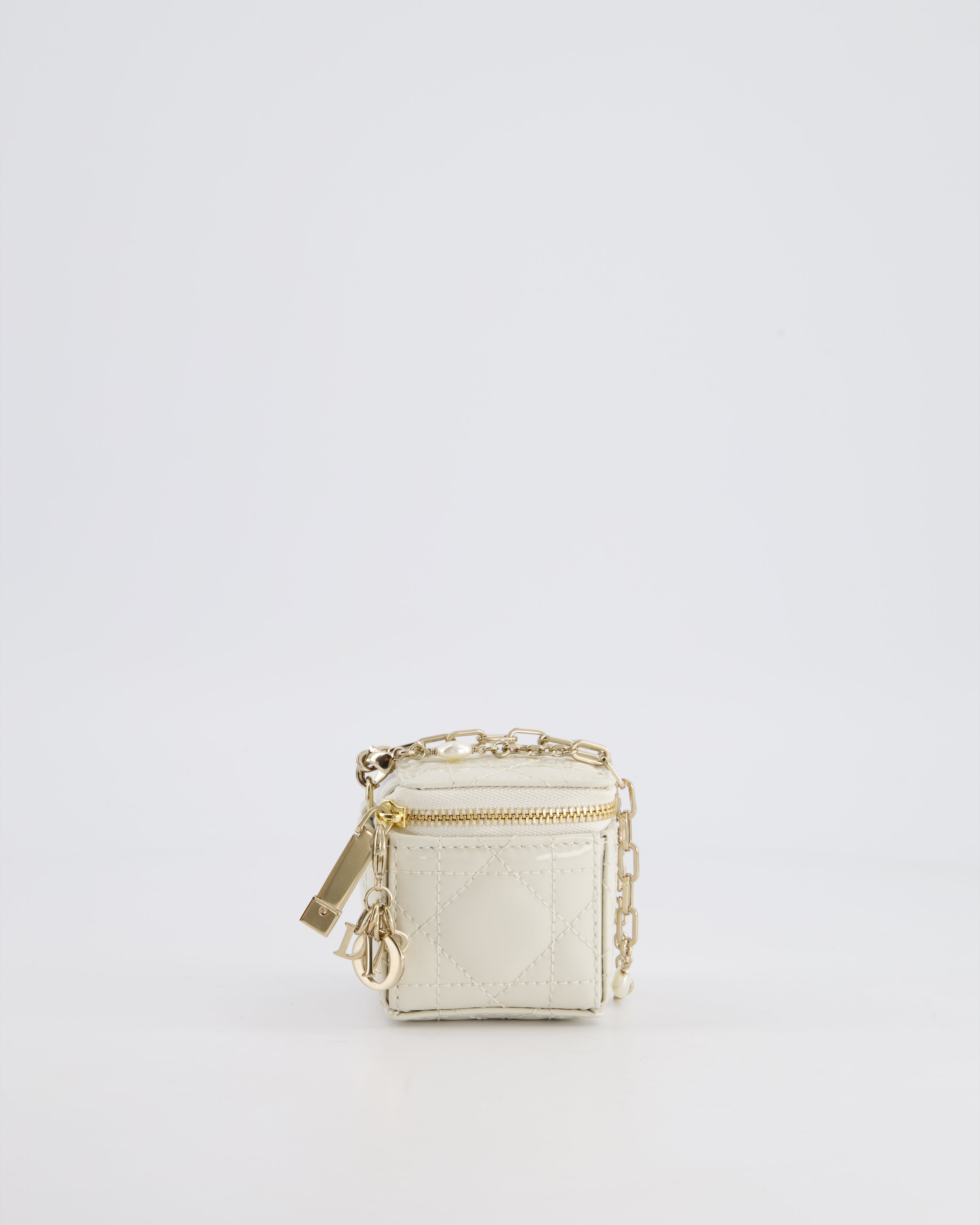 Christian Dior White Micro Cube Patent Leather Pouch with Champagne Gold and Pearl Chain Hardware