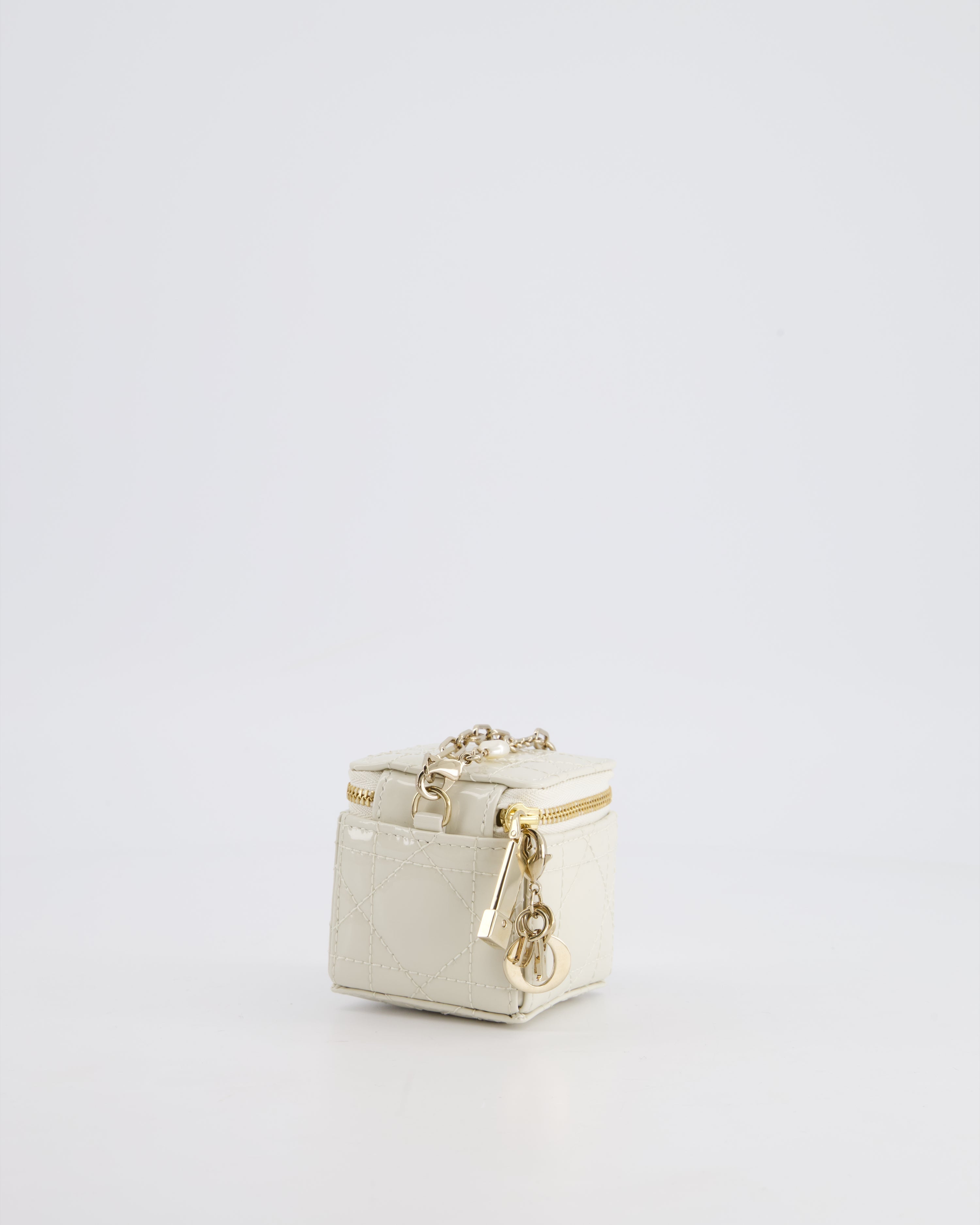 Christian Dior White Micro Cube Patent Leather Pouch with Champagne Gold and Pearl Chain Hardware
