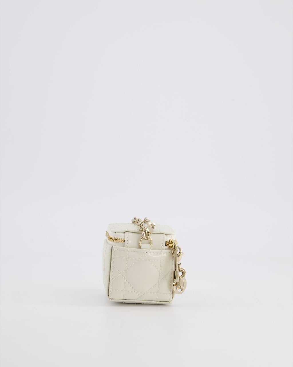 Christian Dior White Micro Cube Patent Leather Pouch with Champagne Gold and Pearl Chain Hardware