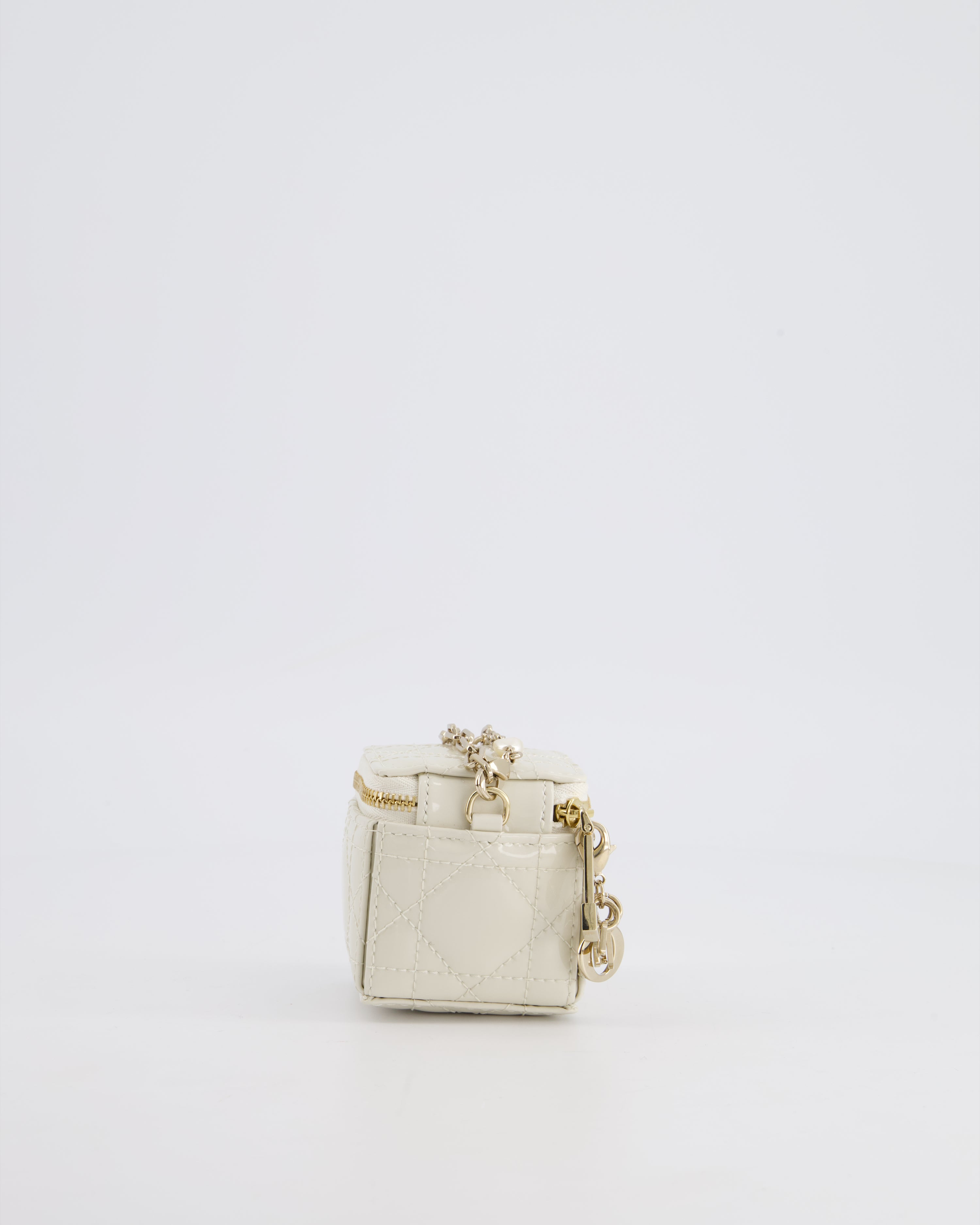 Christian Dior White Micro Cube Patent Leather Pouch with Champagne Gold and Pearl Chain Hardware