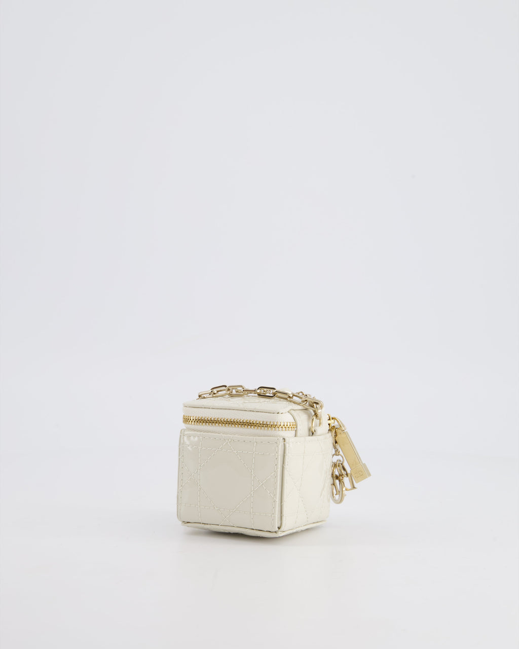 Christian Dior White Micro Cube Patent Leather Pouch with Champagne Gold and Pearl Chain Hardware