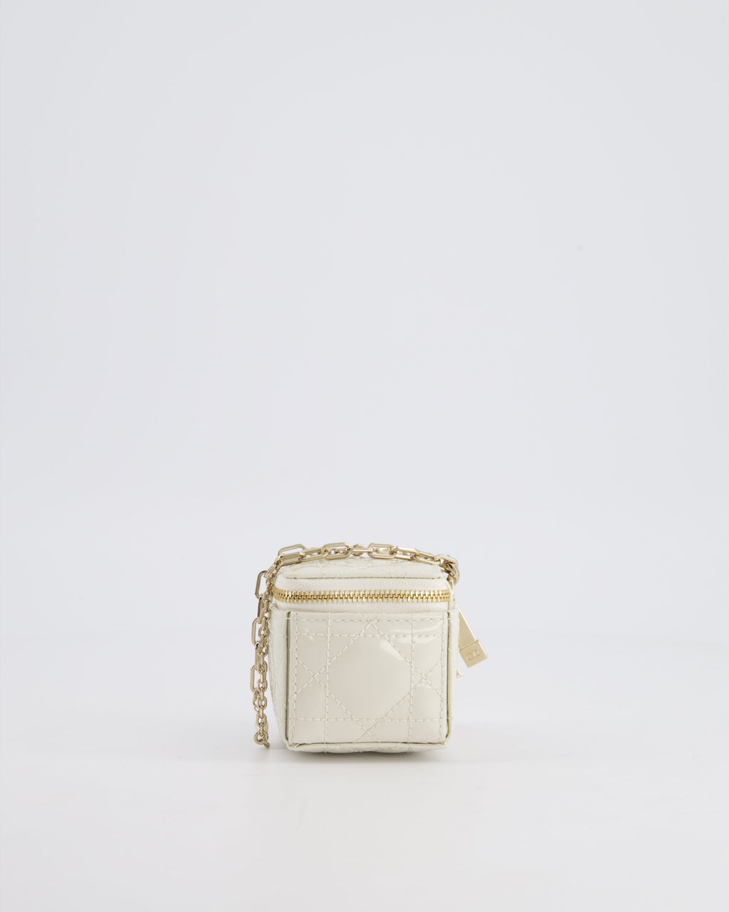 Christian Dior White Micro Cube Patent Leather Pouch with Champagne Gold and Pearl Chain Hardware
