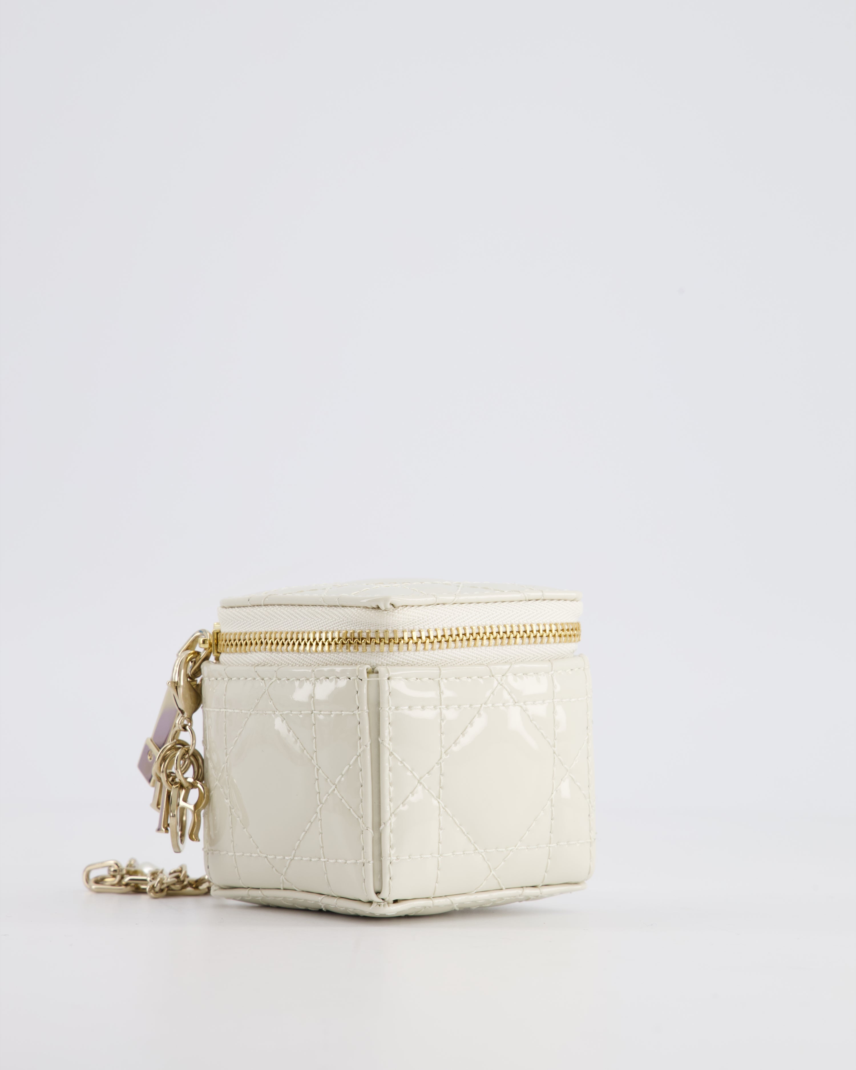 Christian Dior White Micro Cube Patent Leather Pouch with Champagne Gold and Pearl Chain Hardware