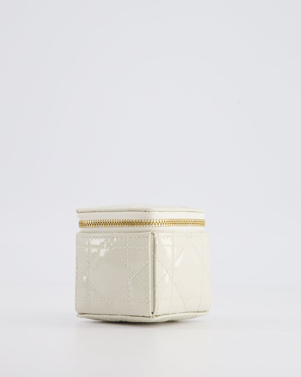 Christian Dior White Micro Cube Patent Leather Pouch with Champagne Gold and Pearl Chain Hardware