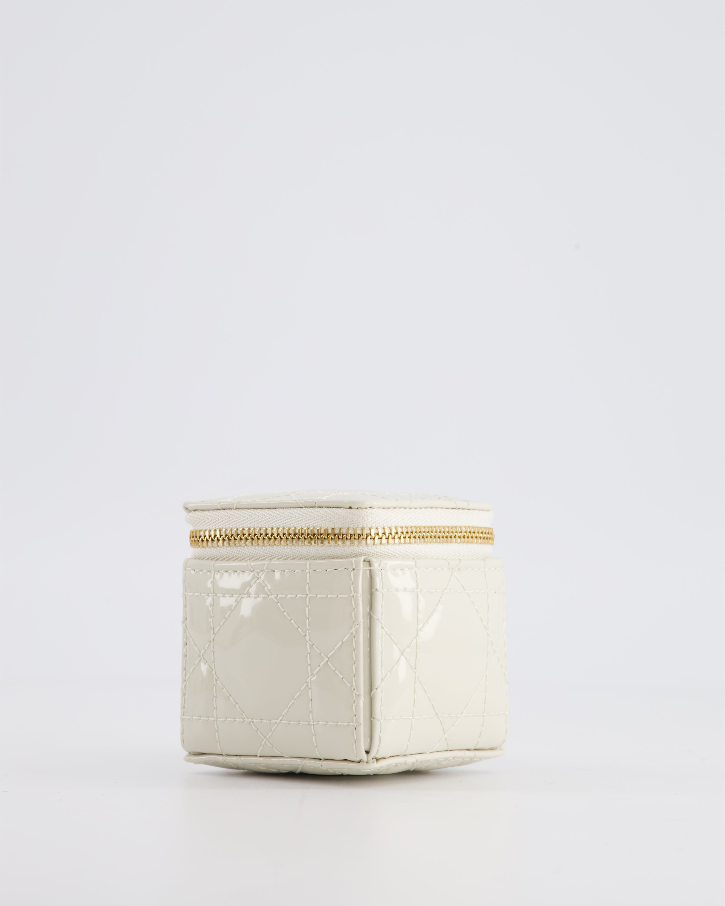 Christian Dior White Micro Cube Patent Leather Pouch with Champagne Gold and Pearl Chain Hardware