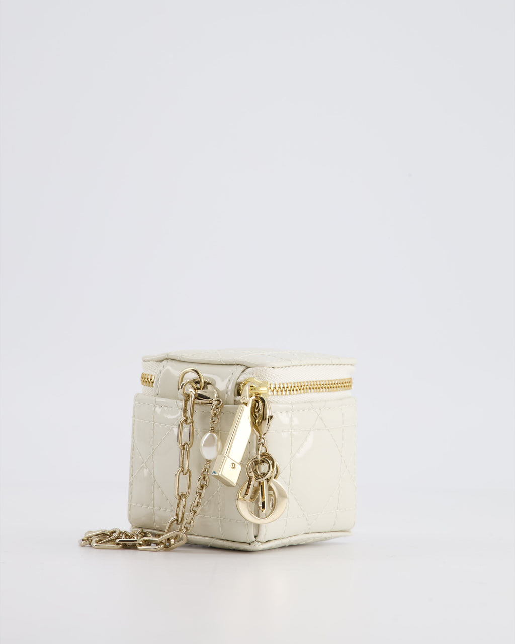 Christian Dior White Micro Cube Patent Leather Pouch with Champagne Gold and Pearl Chain Hardware