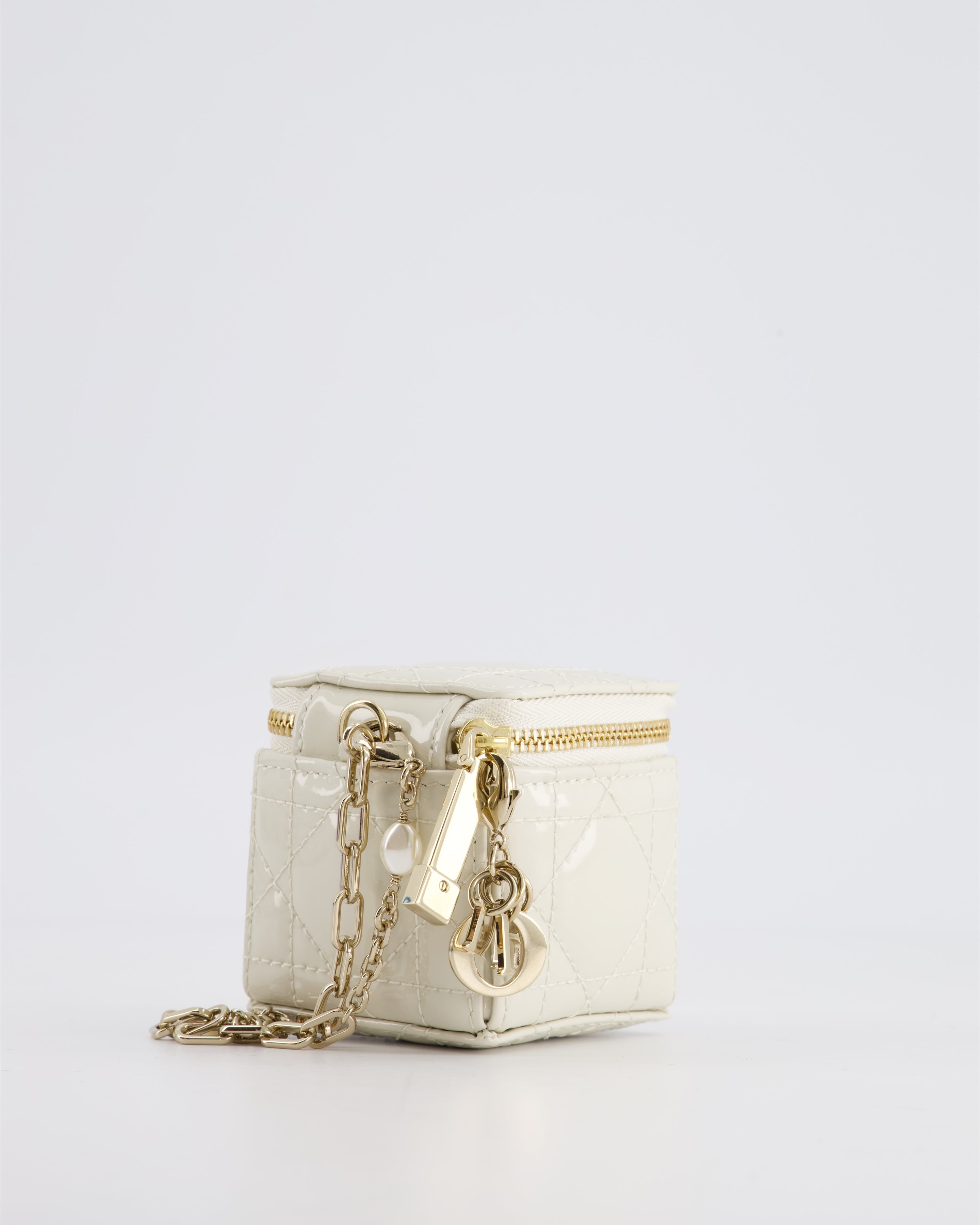 Christian Dior White Micro Cube Patent Leather Pouch with Champagne Gold and Pearl Chain Hardware