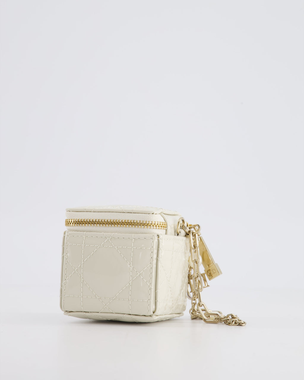 Christian Dior White Micro Cube Patent Leather Pouch with Champagne Gold and Pearl Chain Hardware