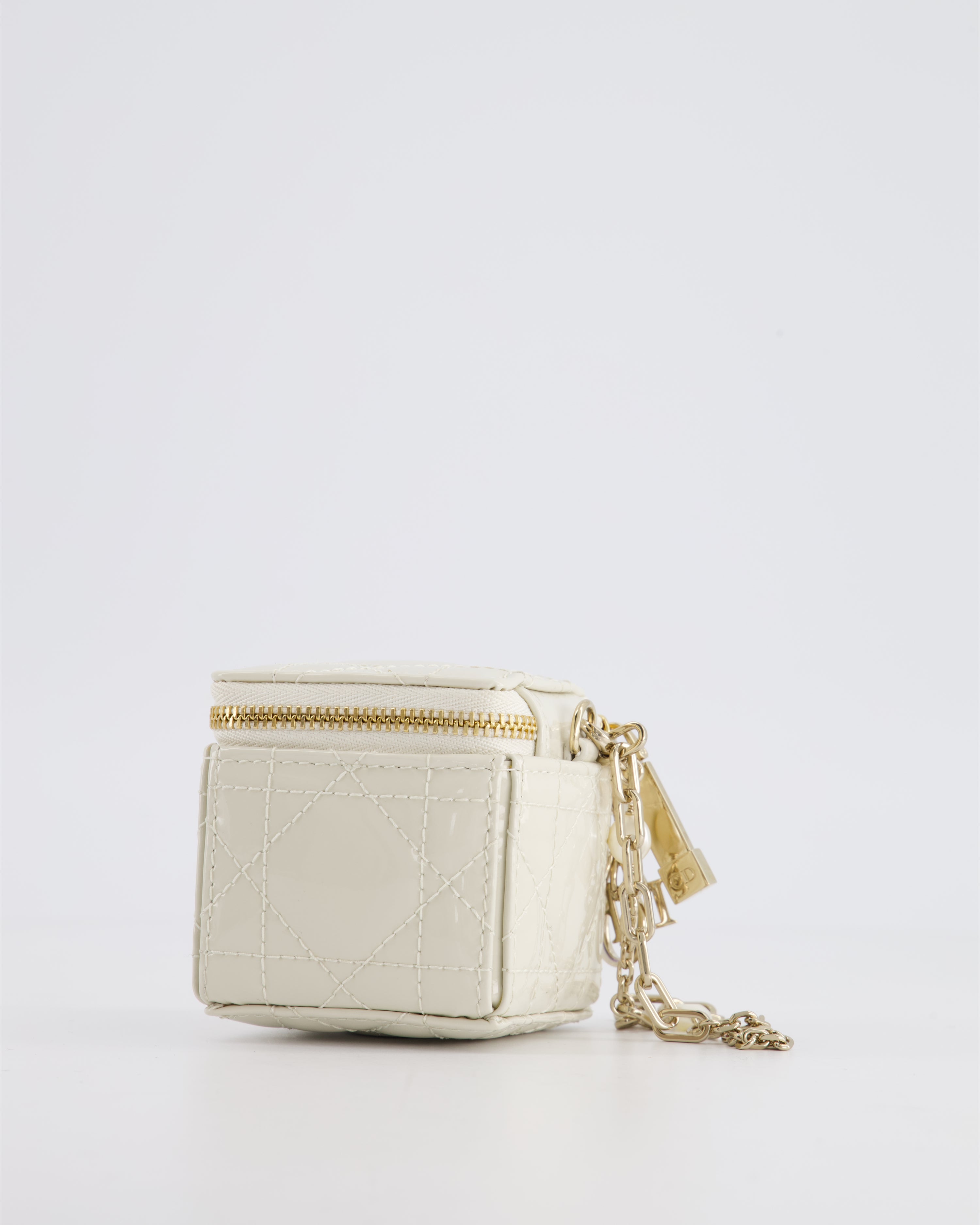 Christian Dior White Micro Cube Patent Leather Pouch with Champagne Gold and Pearl Chain Hardware
