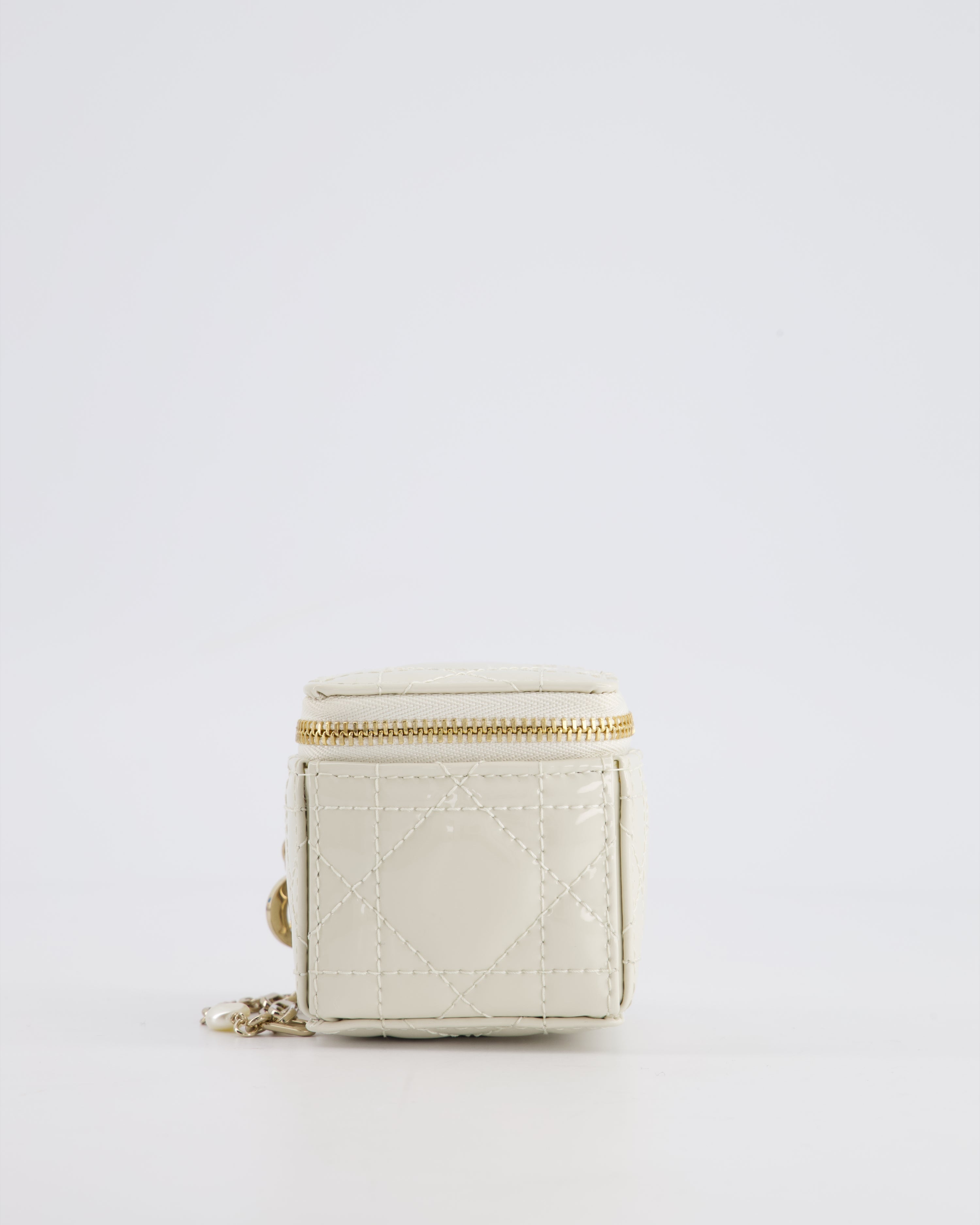 Christian Dior White Micro Cube Patent Leather Pouch with Champagne Gold and Pearl Chain Hardware