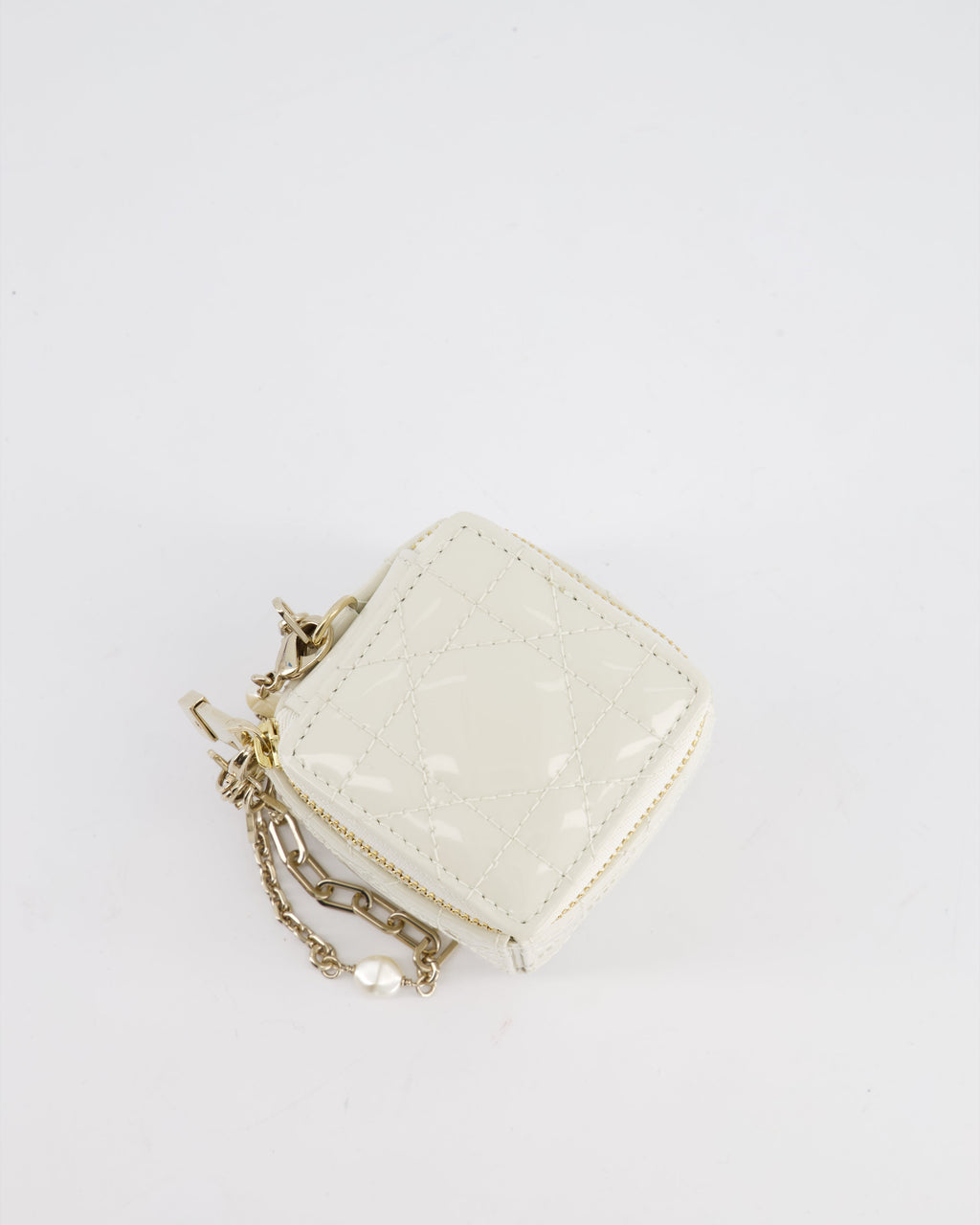 Christian Dior White Micro Cube Patent Leather Pouch with Champagne Gold and Pearl Chain Hardware