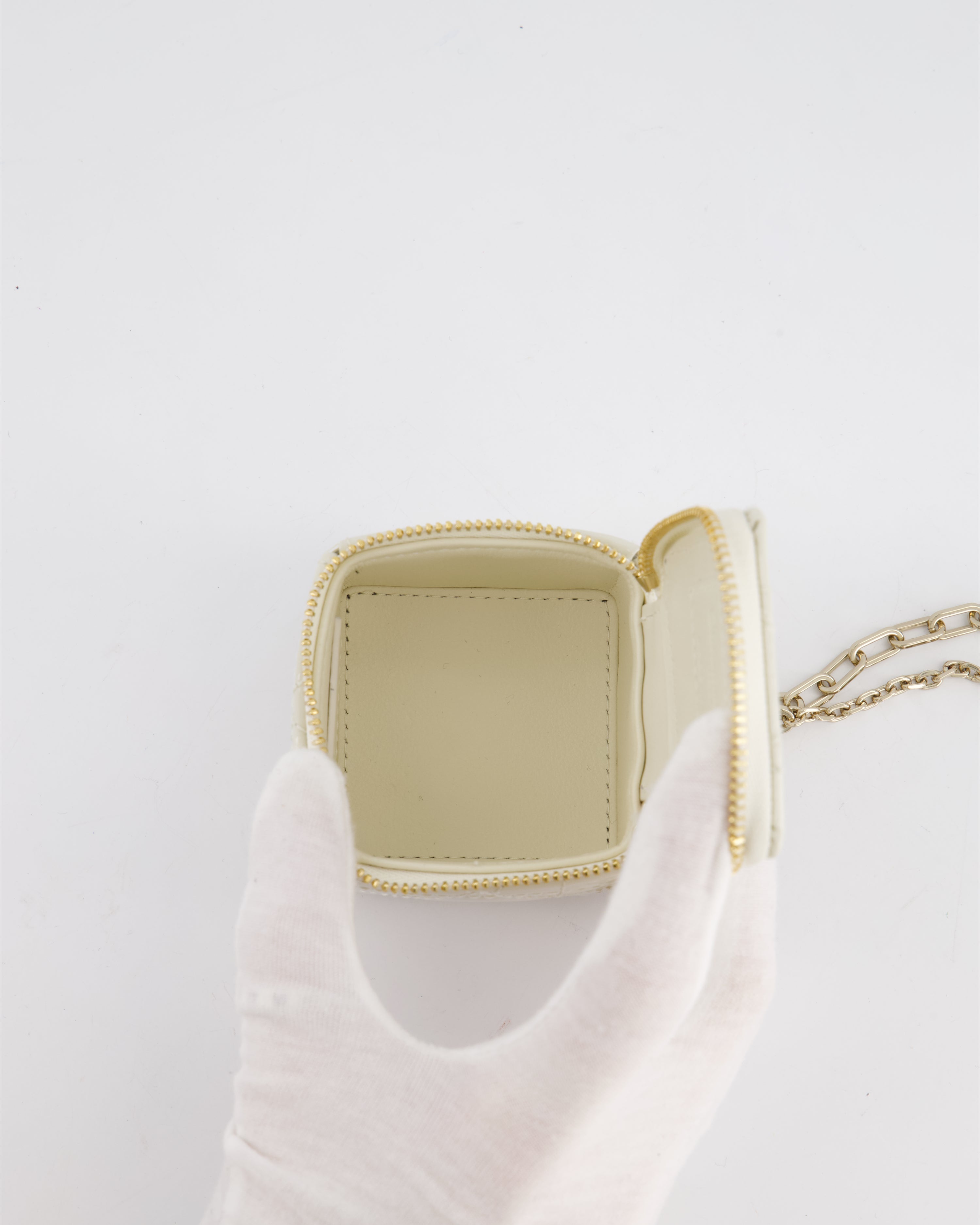 Christian Dior White Micro Cube Patent Leather Pouch with Champagne Gold and Pearl Chain Hardware
