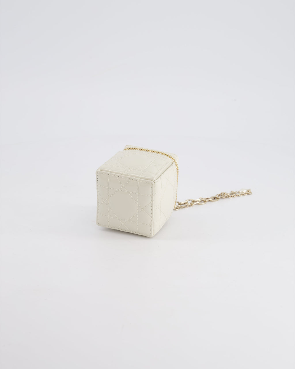 Christian Dior White Micro Cube Patent Leather Pouch with Champagne Gold and Pearl Chain Hardware