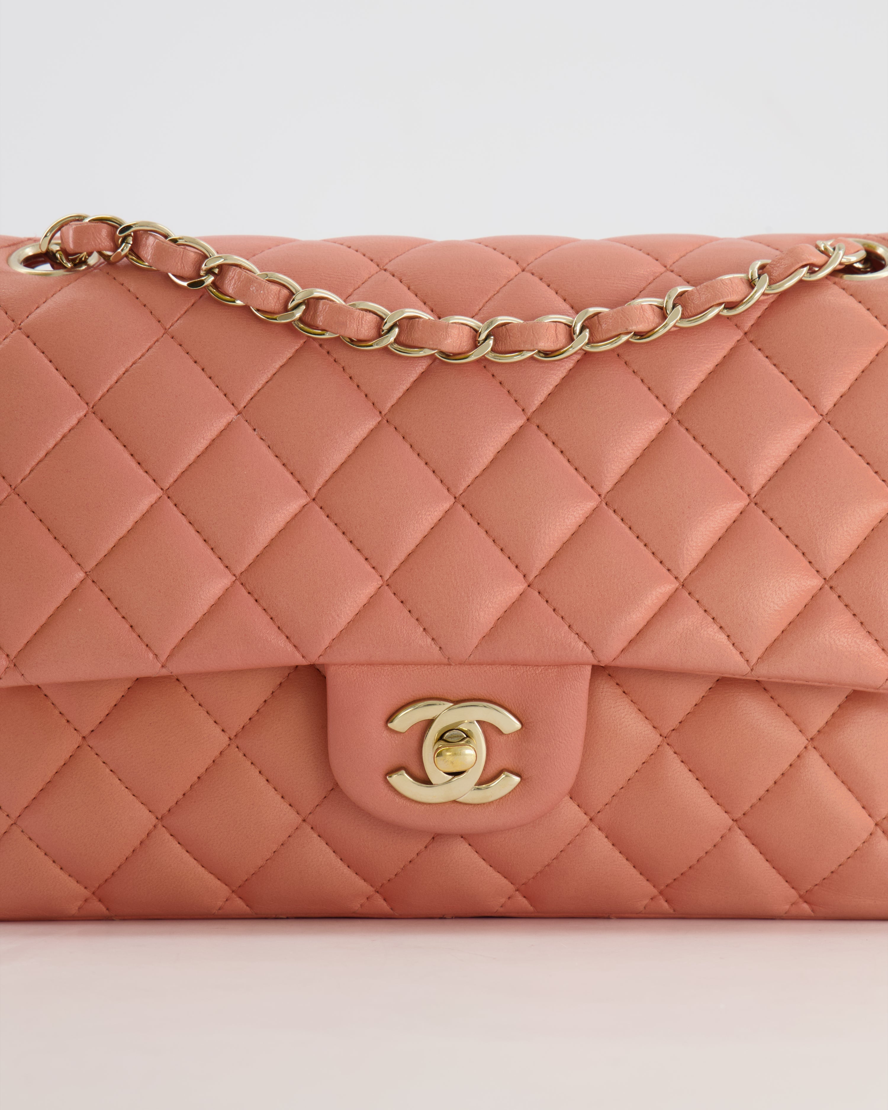Chanel Peach Pink Lambskin Medium Classic Double Flap Bag with Champagne Gold Hardware RRP £8,530