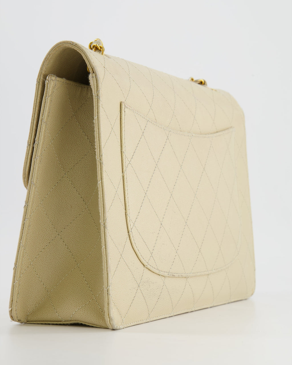 Chanel Vintage Beige Large Single Flap Bag in Caviar Leather with 24k Gold Hardware