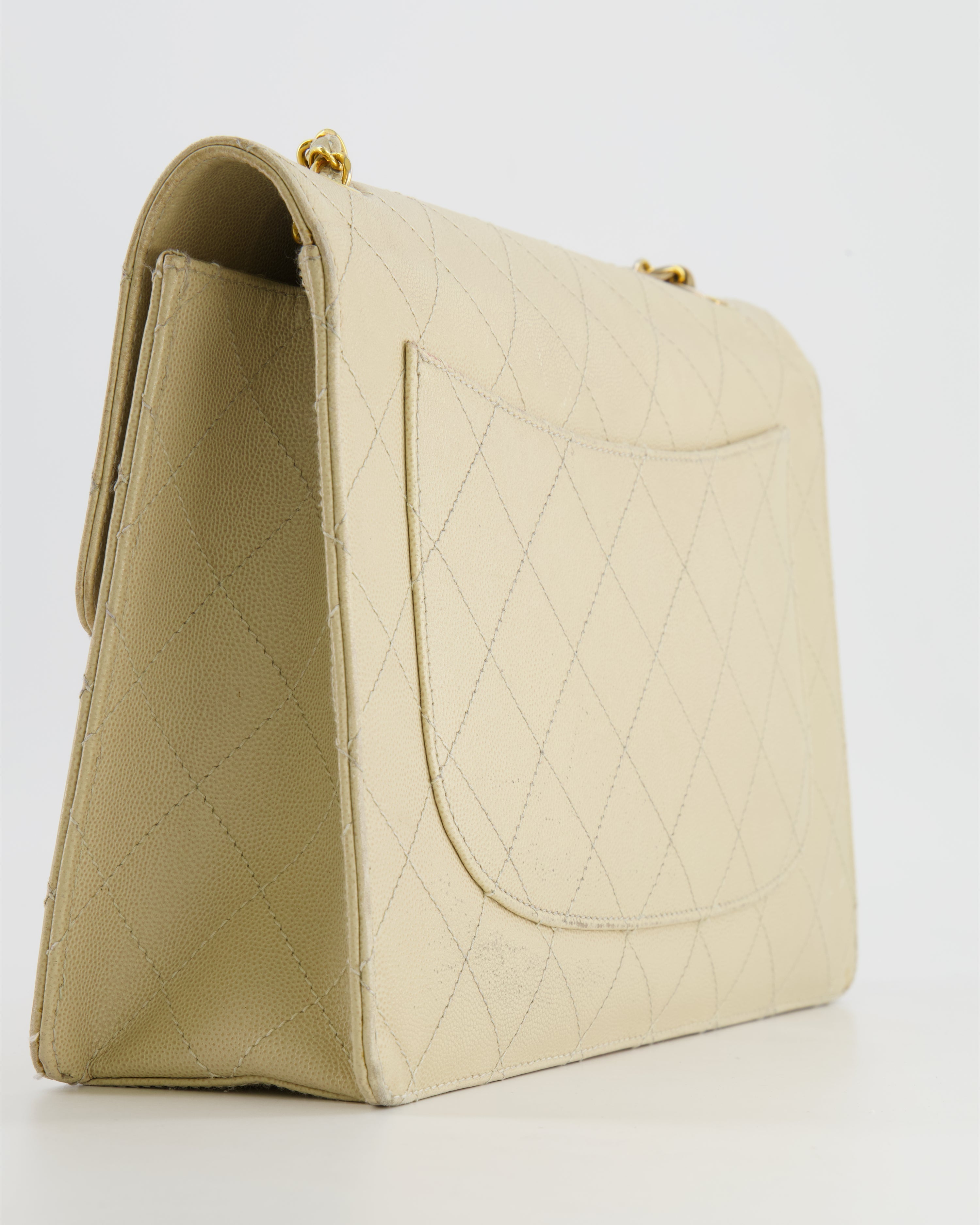 Chanel Vintage Beige Large Single Flap Bag in Caviar Leather with 24k Gold Hardware