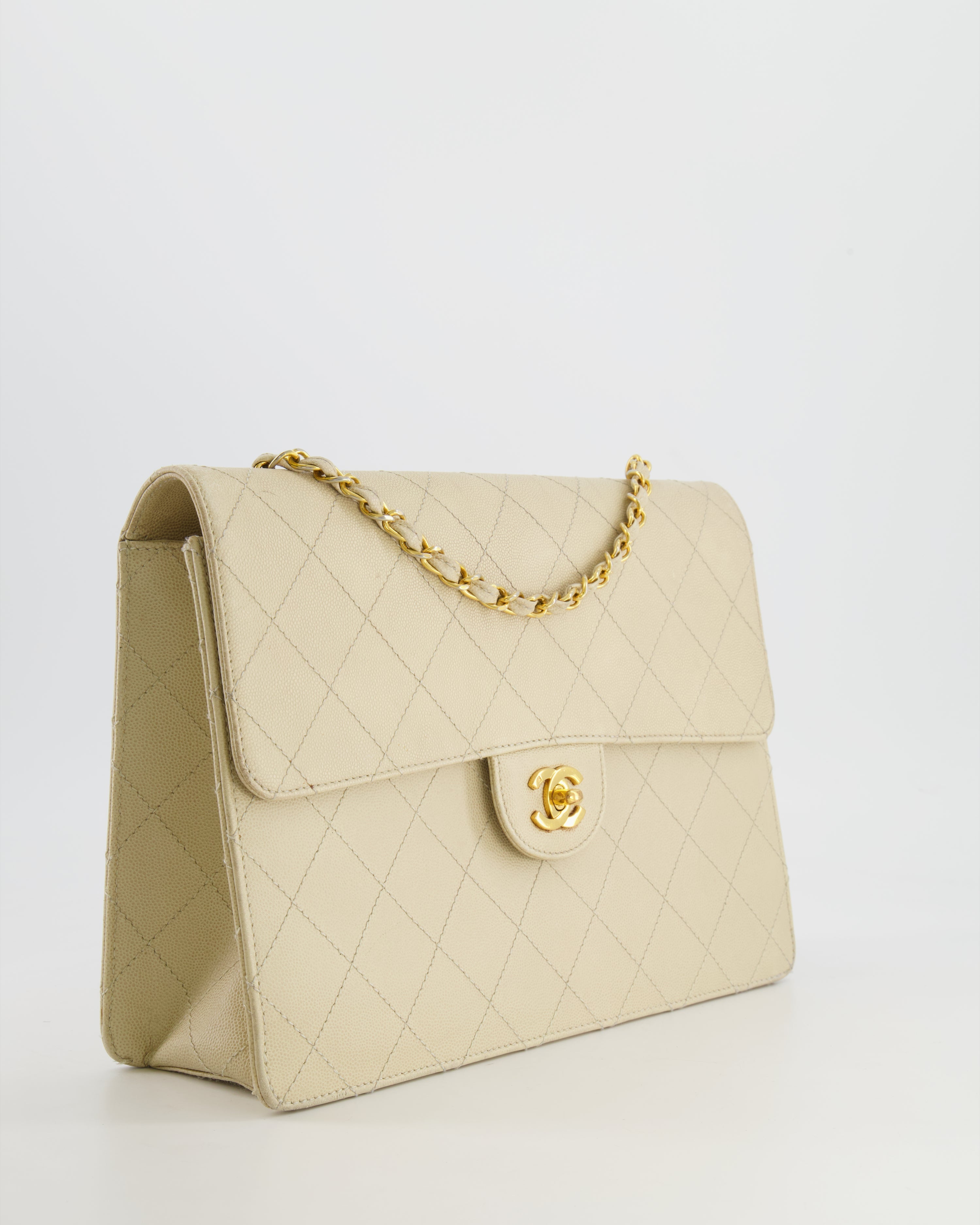 Chanel Vintage Beige Large Single Flap Bag in Caviar Leather with 24k Gold Hardware