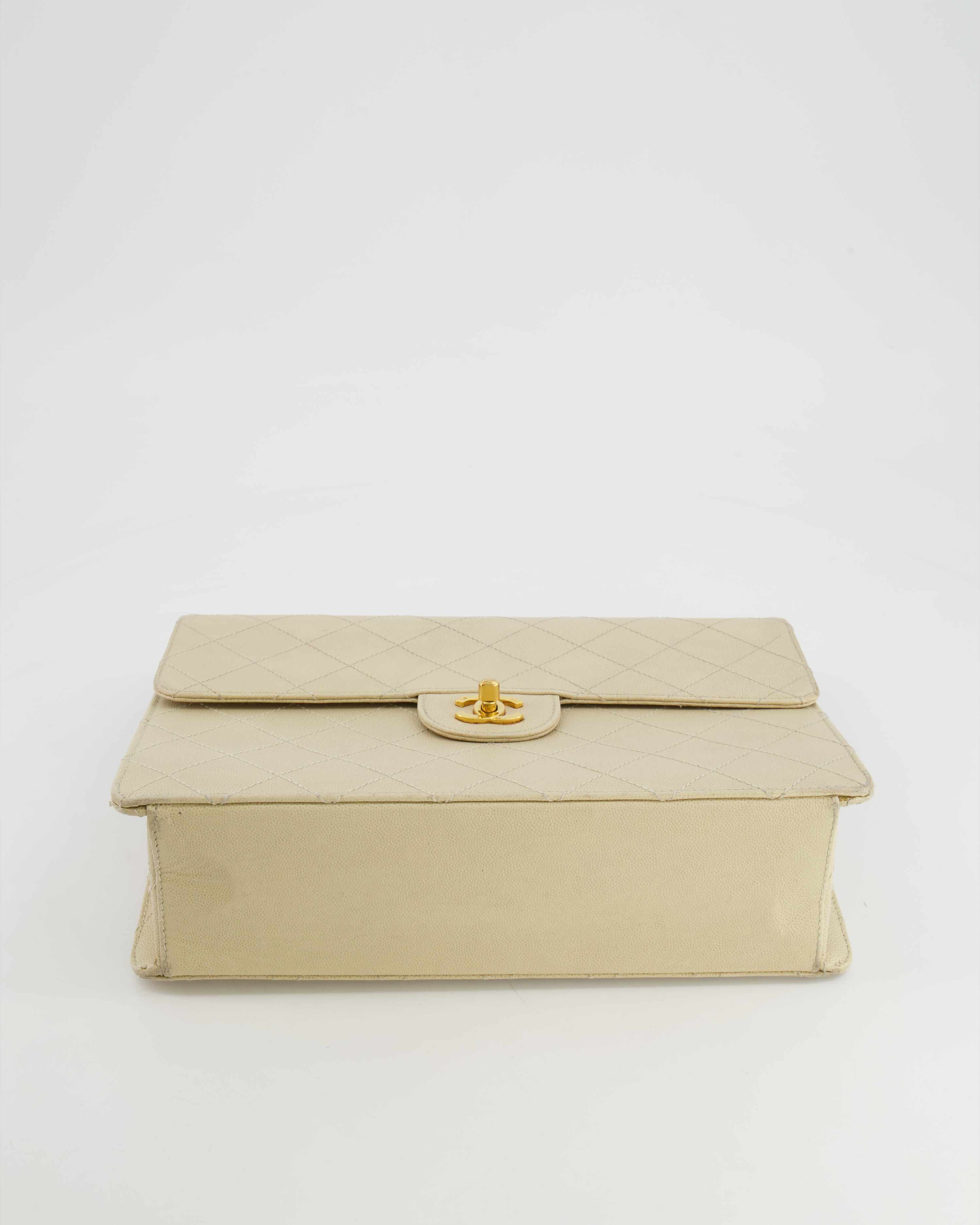 Chanel Vintage Beige Large Single Flap Bag in Caviar Leather with 24k Gold Hardware