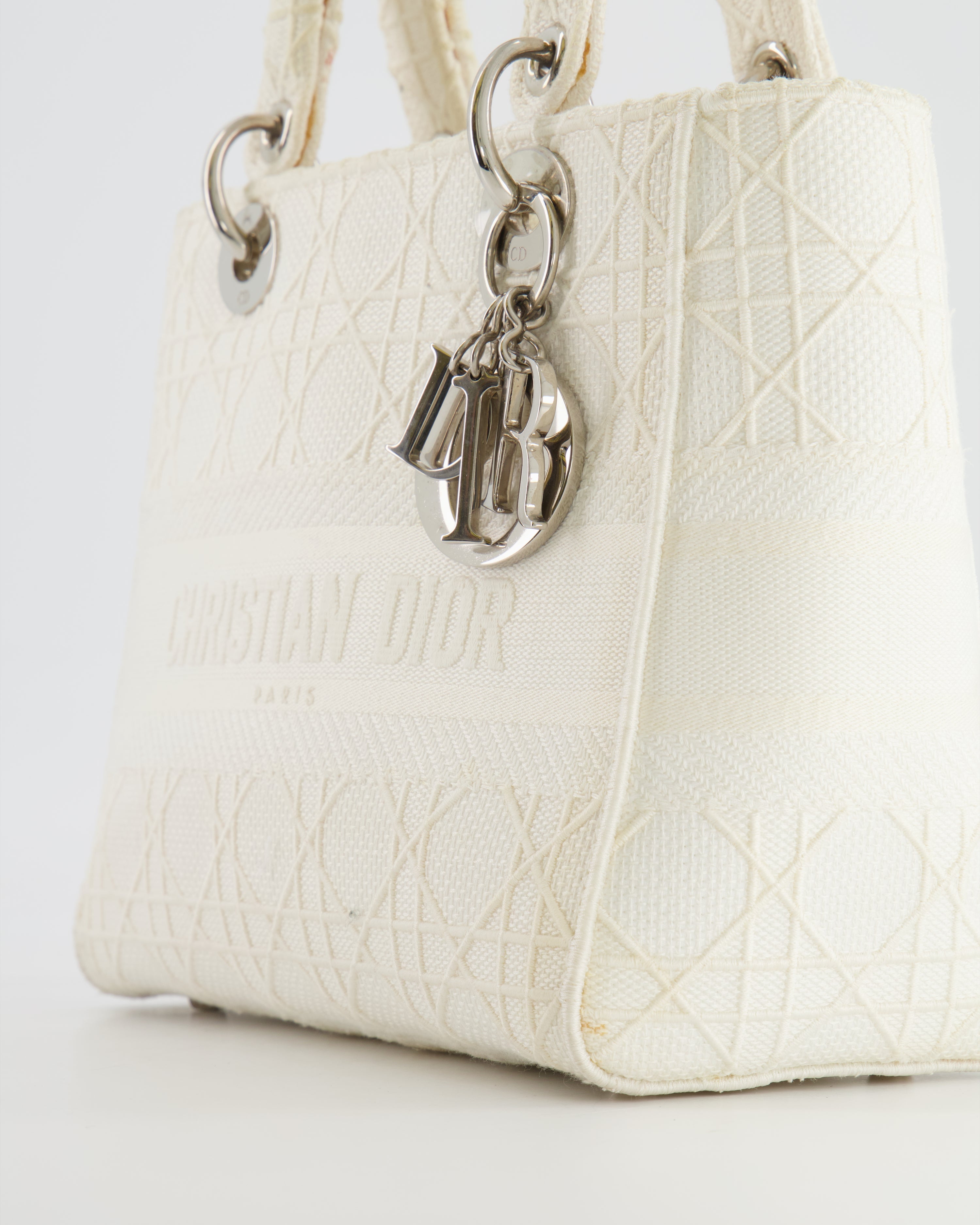 Christian Dior White Cannage Embroidery Medium Lady D-Lite Bag with Silver Hardware RRP £4,000