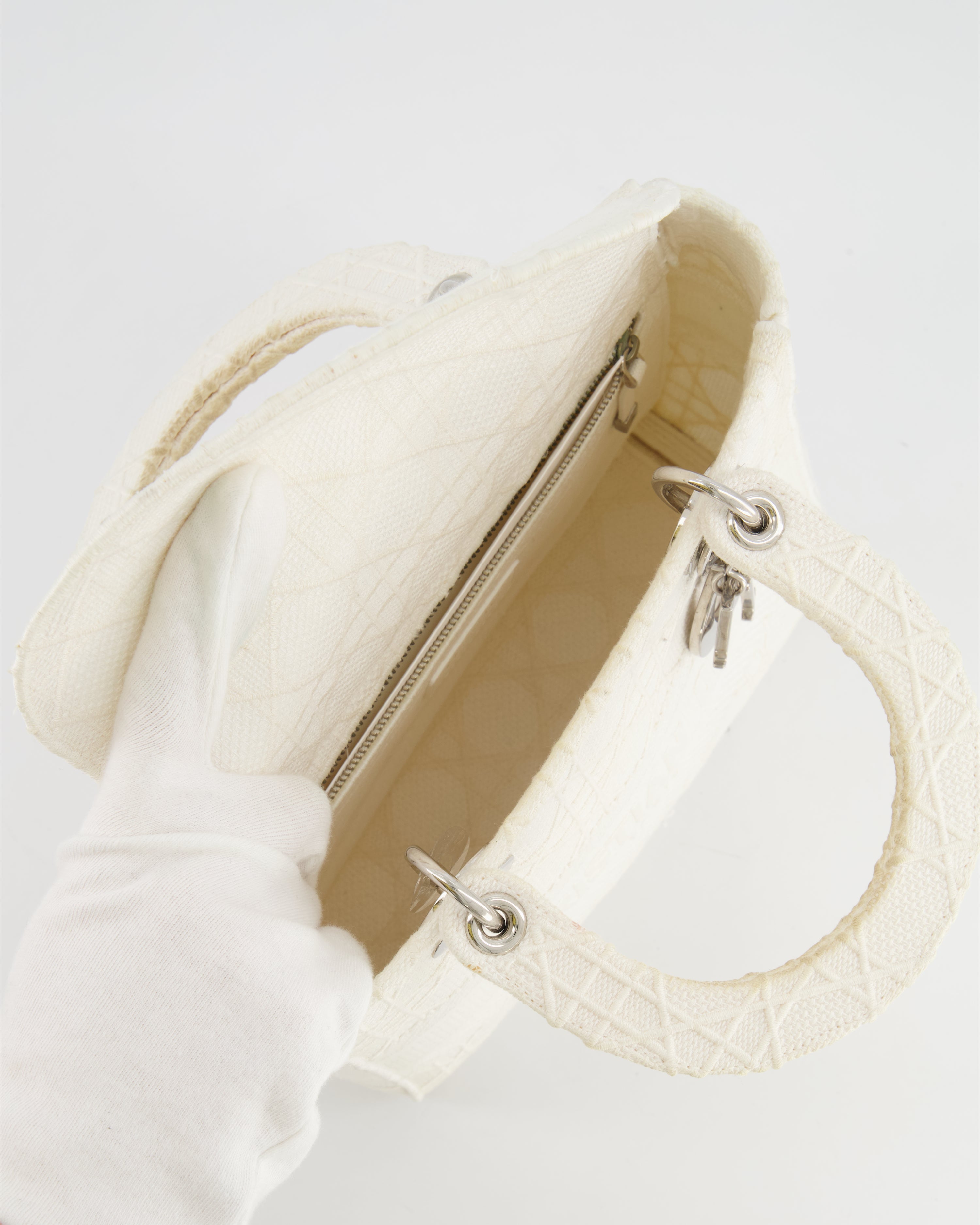 Christian Dior White Cannage Embroidery Medium Lady D-Lite Bag with Silver Hardware RRP £4,000