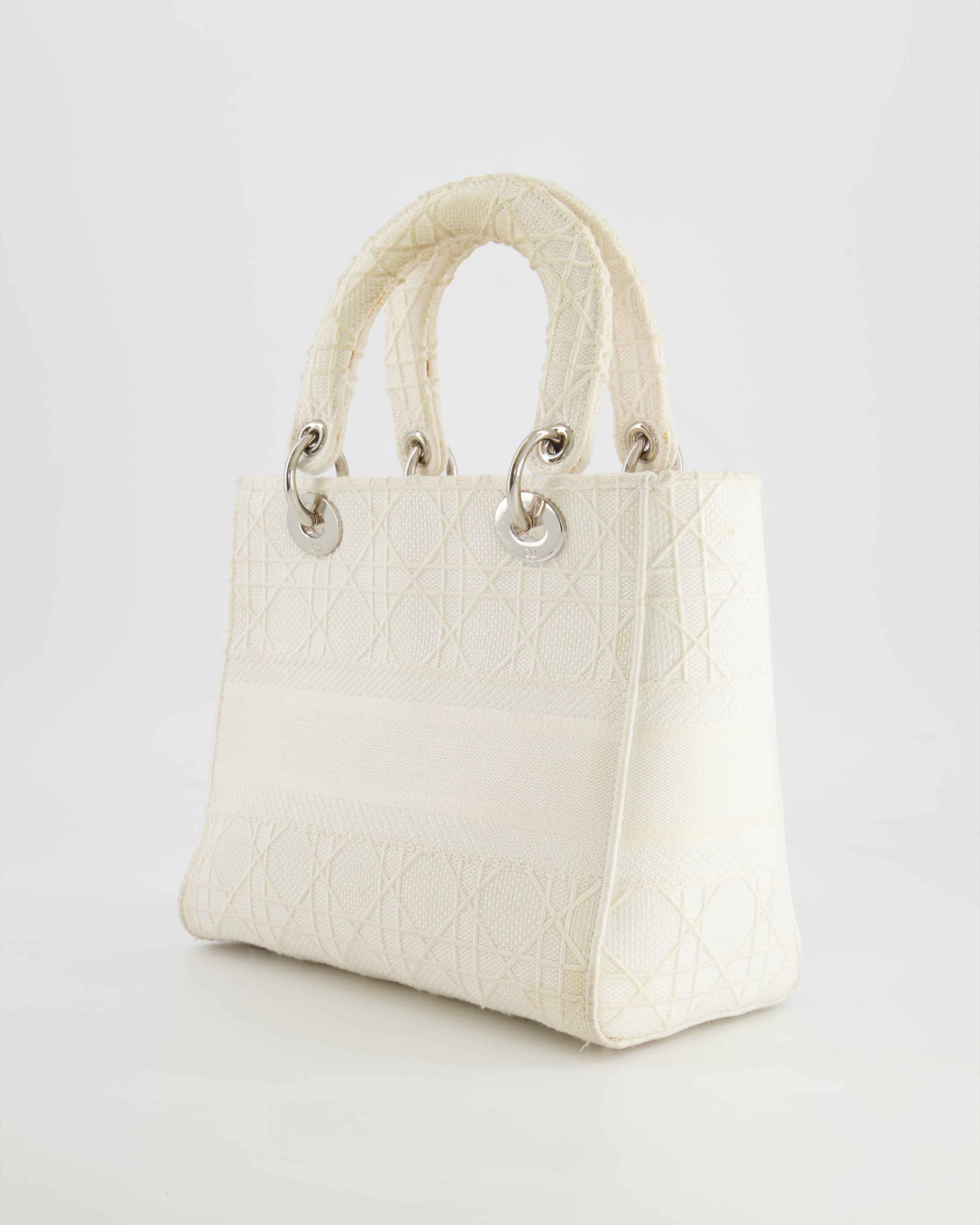 Christian Dior White Cannage Embroidery Medium Lady D-Lite Bag with Silver Hardware RRP £4,000